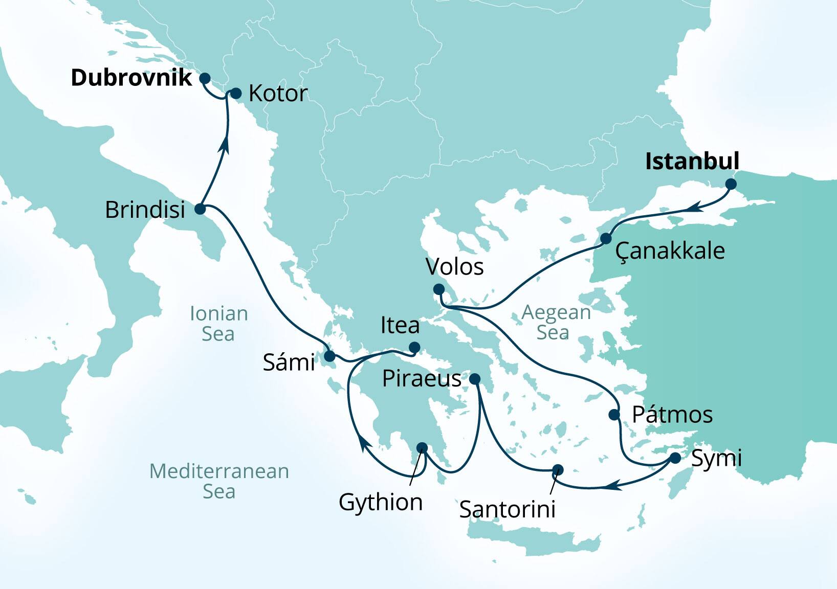 Seabourn Ovation Voyage 8937A Istanbul, Turkey to Dubrovnik, Croatia itinerary map, May 12-26 2029
