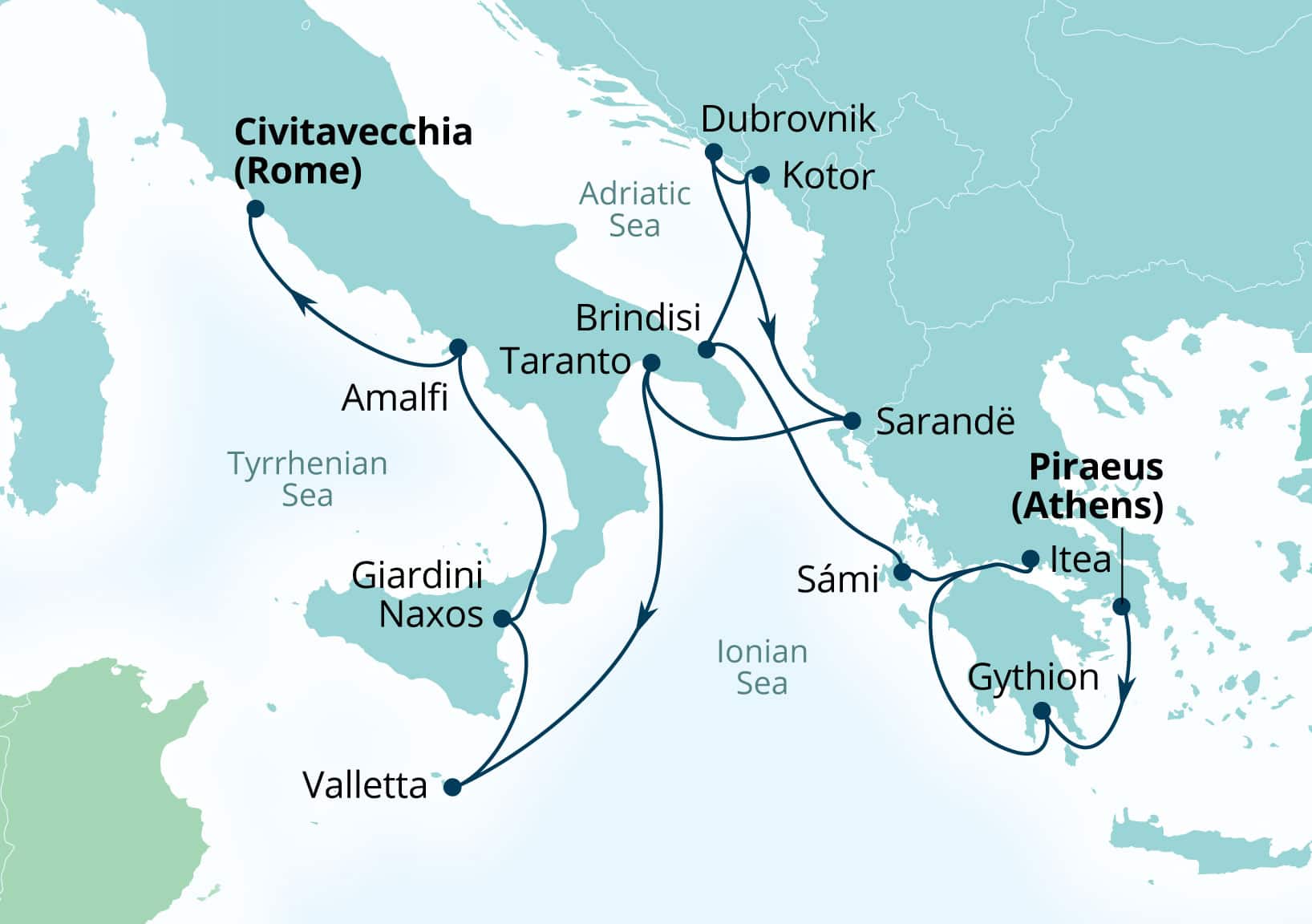 Seabourn Ovation Voyage 8940A Piraeus (Athens), Greece to Civitavecchia (Rome), Italy itinerary map, May 19-June 2 2029