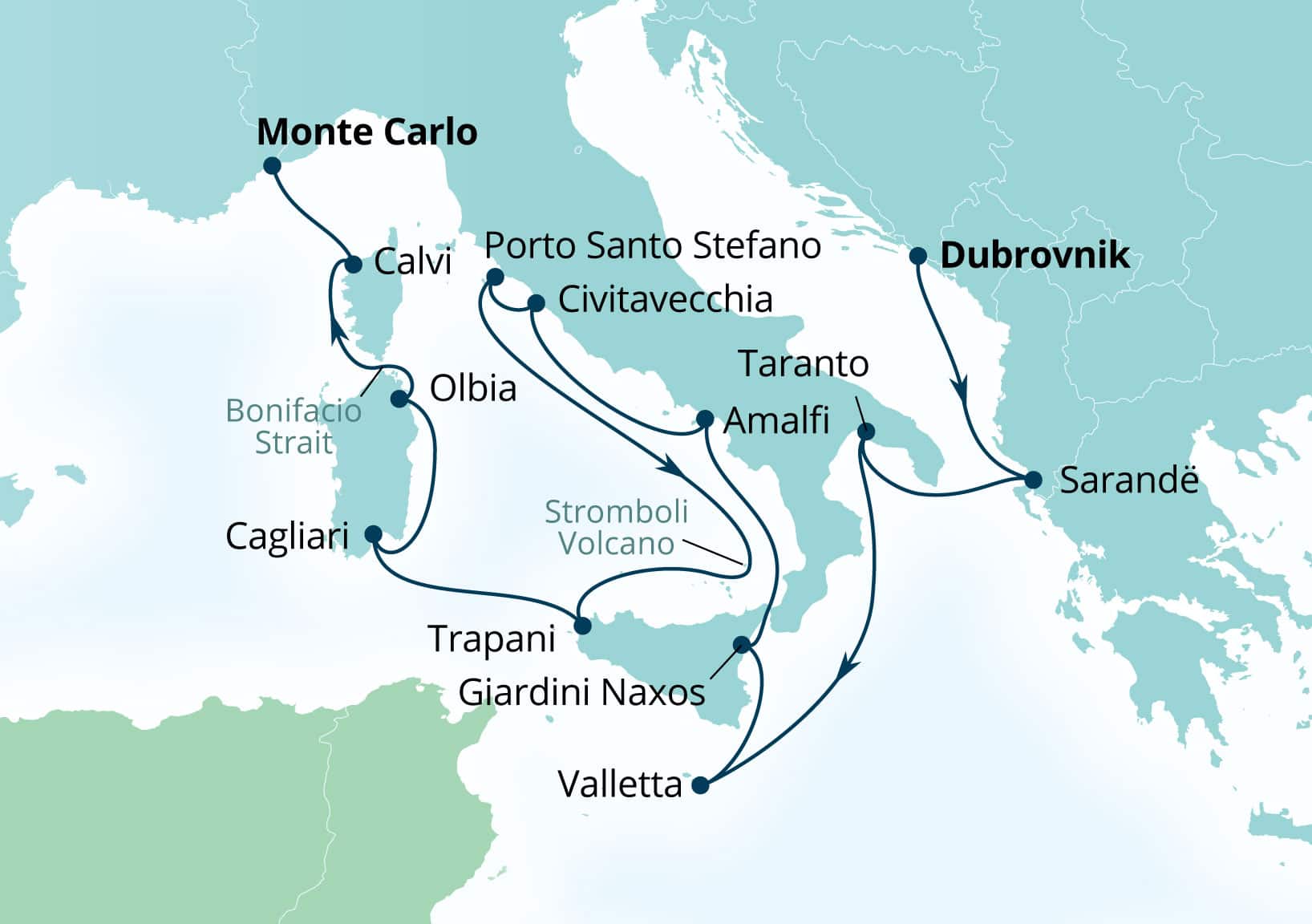 Seabourn Ovation Voyage 8941A Dubrovnik, Croatia to Monte Carlo, Monaco itinerary map, May 26-June 9 2029