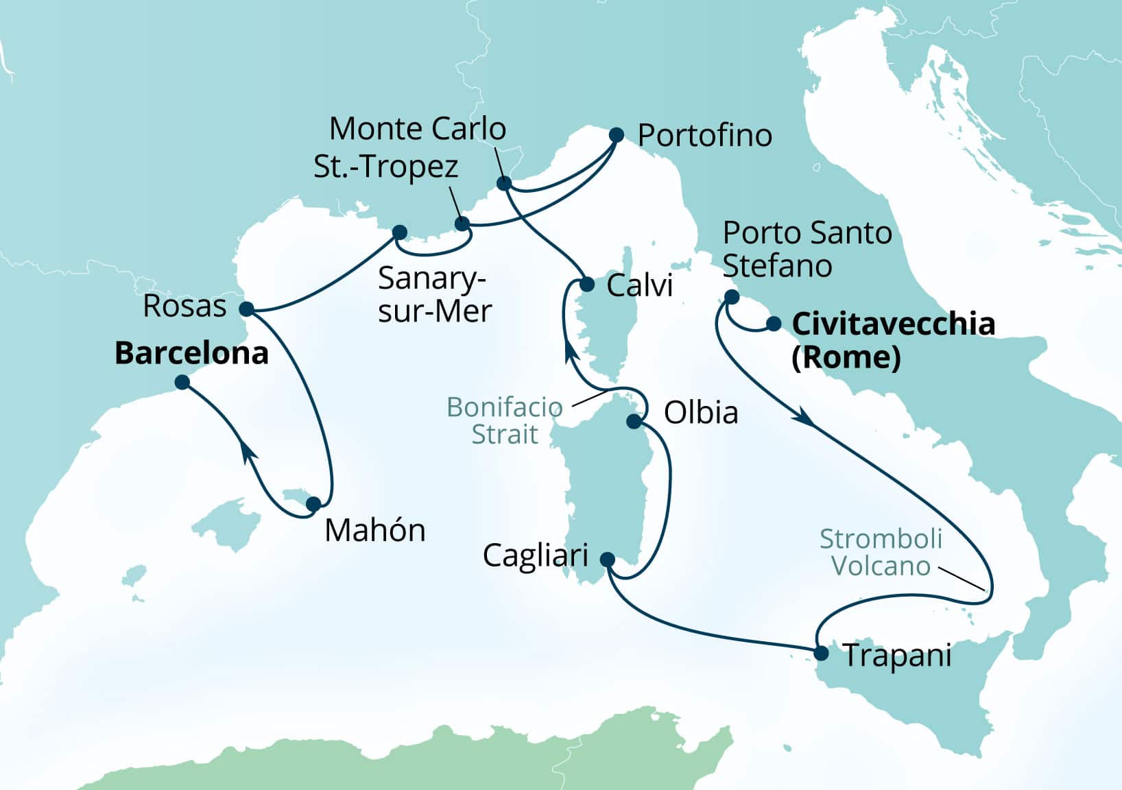 Seabourn Ovation Voyage 8942A Civitavecchia (Rome), Italy to Barcelona, Spain itinerary map, June 2-16 2029