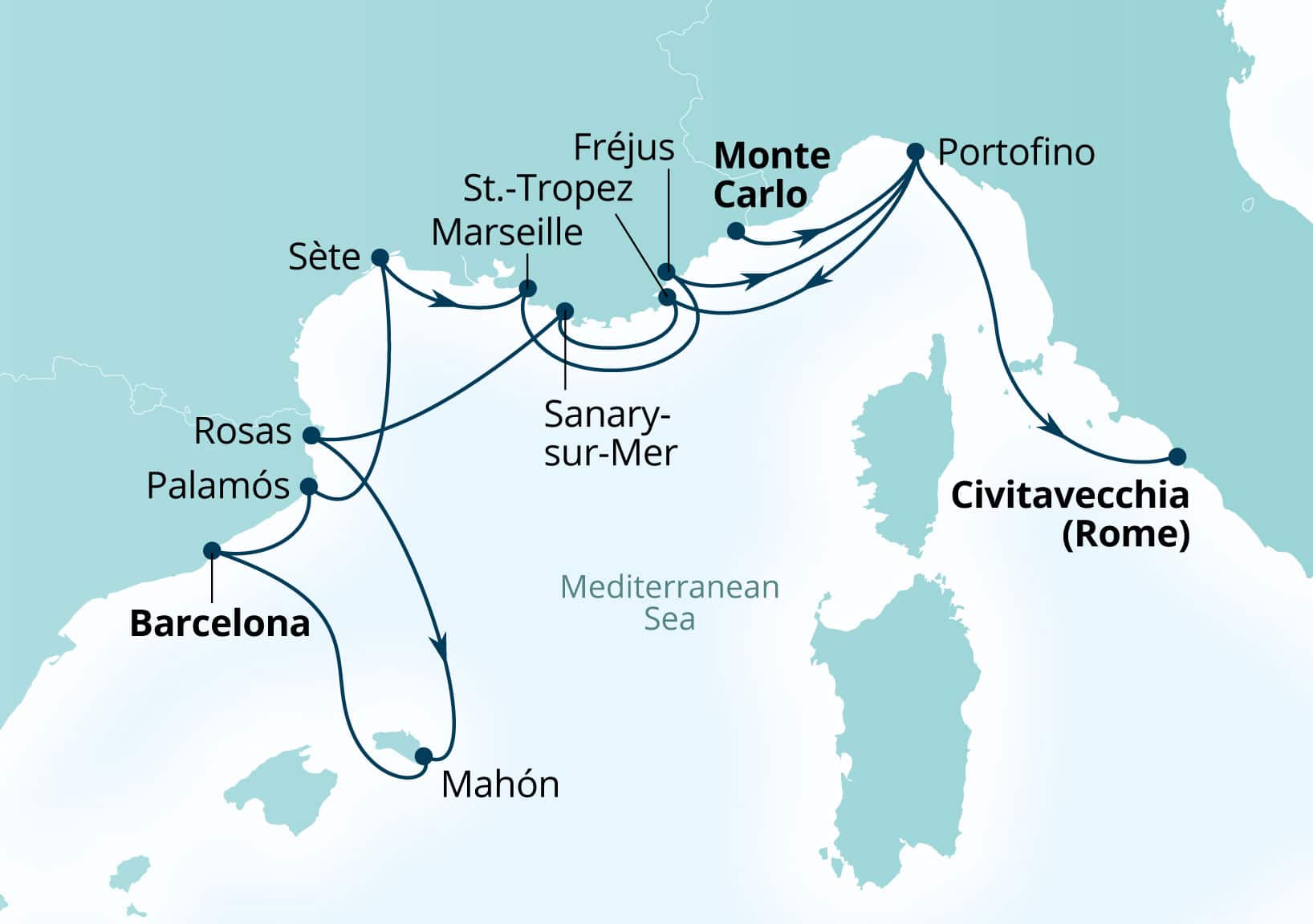 Seabourn Ovation Voyage 8945A Monte Carlo, Monaco to Civitavecchia (Rome), Italy itinerary map, June 9-23 2029
