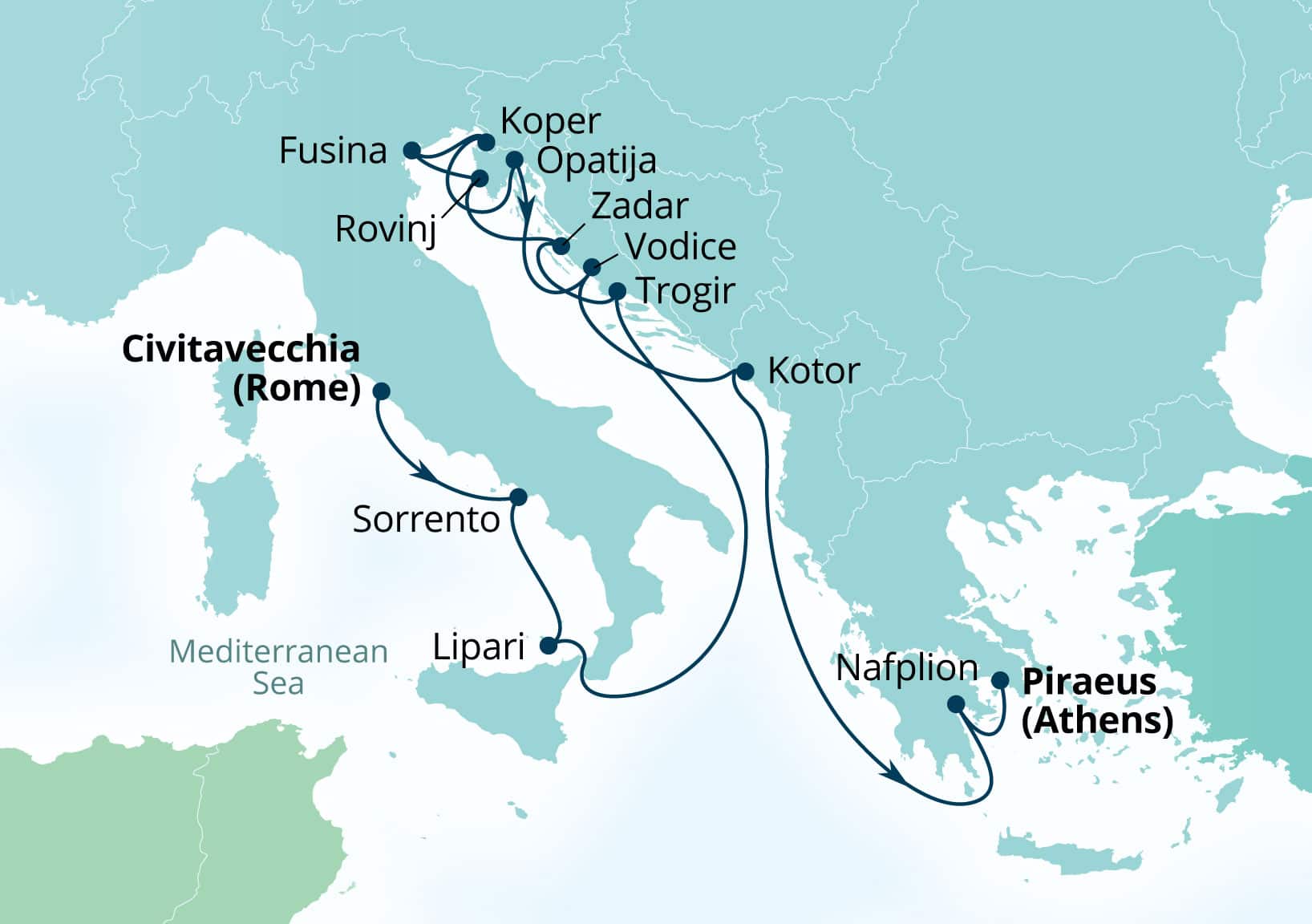 Seabourn Ovation Voyage 8947A Civitavecchia (Rome), Italy to Piraeus (Athens), Greece itinerary map, June 23-July 7 2029