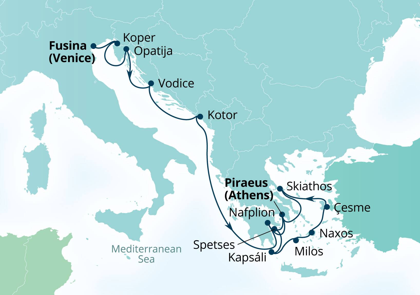 Seabourn Ovation Voyage 8950A Fusina (Venice), Italy to Piraeus (Athens), Greece itinerary map, June 30-July 14 2029