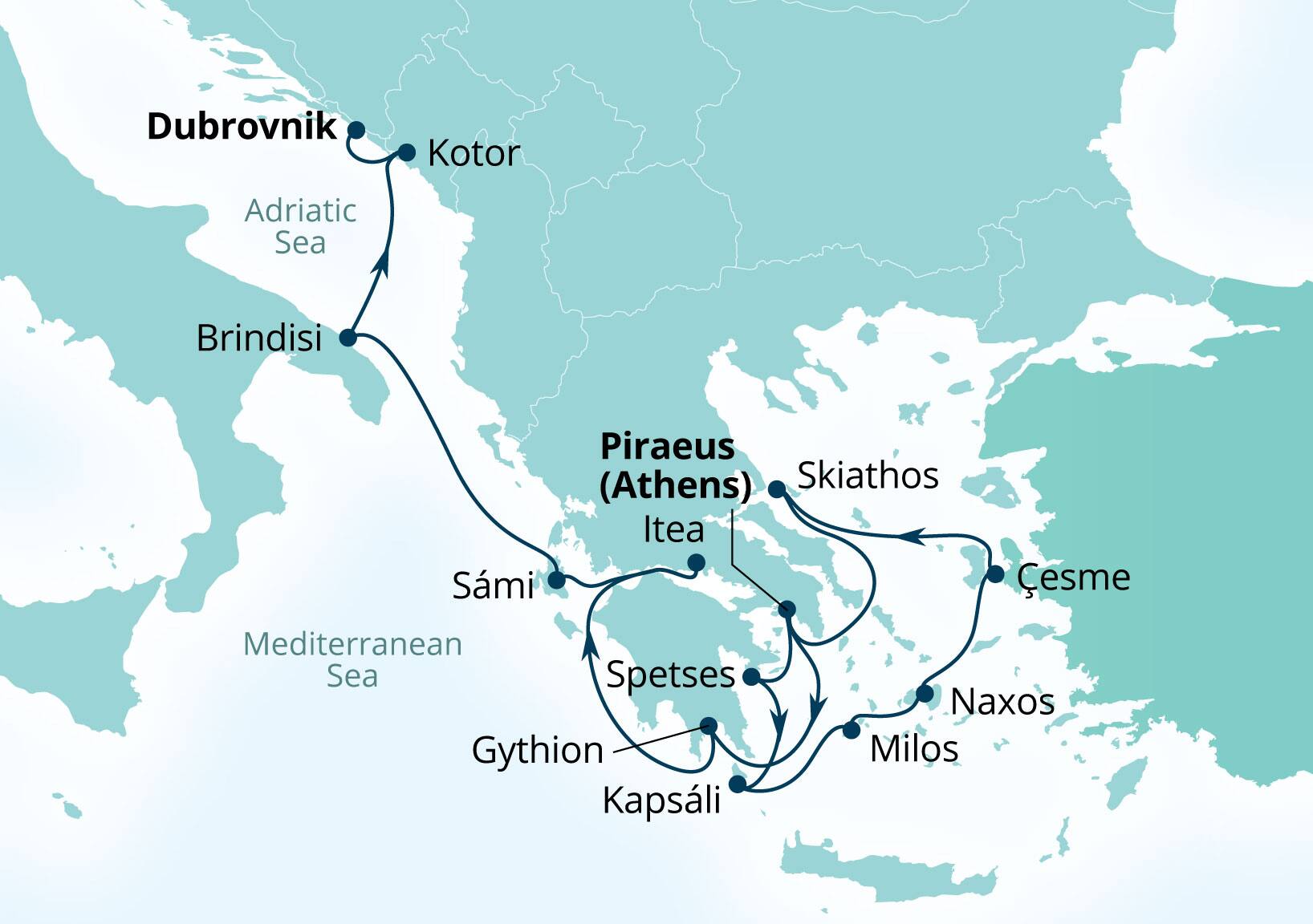 Seabourn Ovation Voyage 8951A Piraeus (Athens), Greece to Dubrovnik, Croatia itinerary map, July 7-21 2029