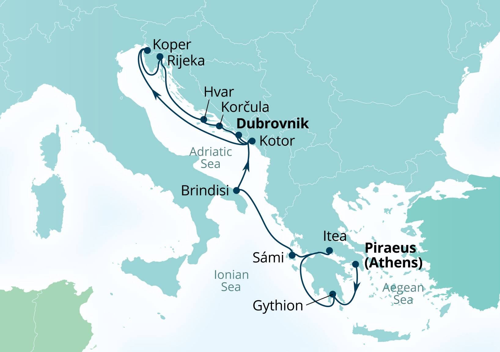 Seabourn Ovation Voyage 8952A Piraeus (Athens), Greece to Dubrovnik, Croatia itinerary map, July 14-28 2029