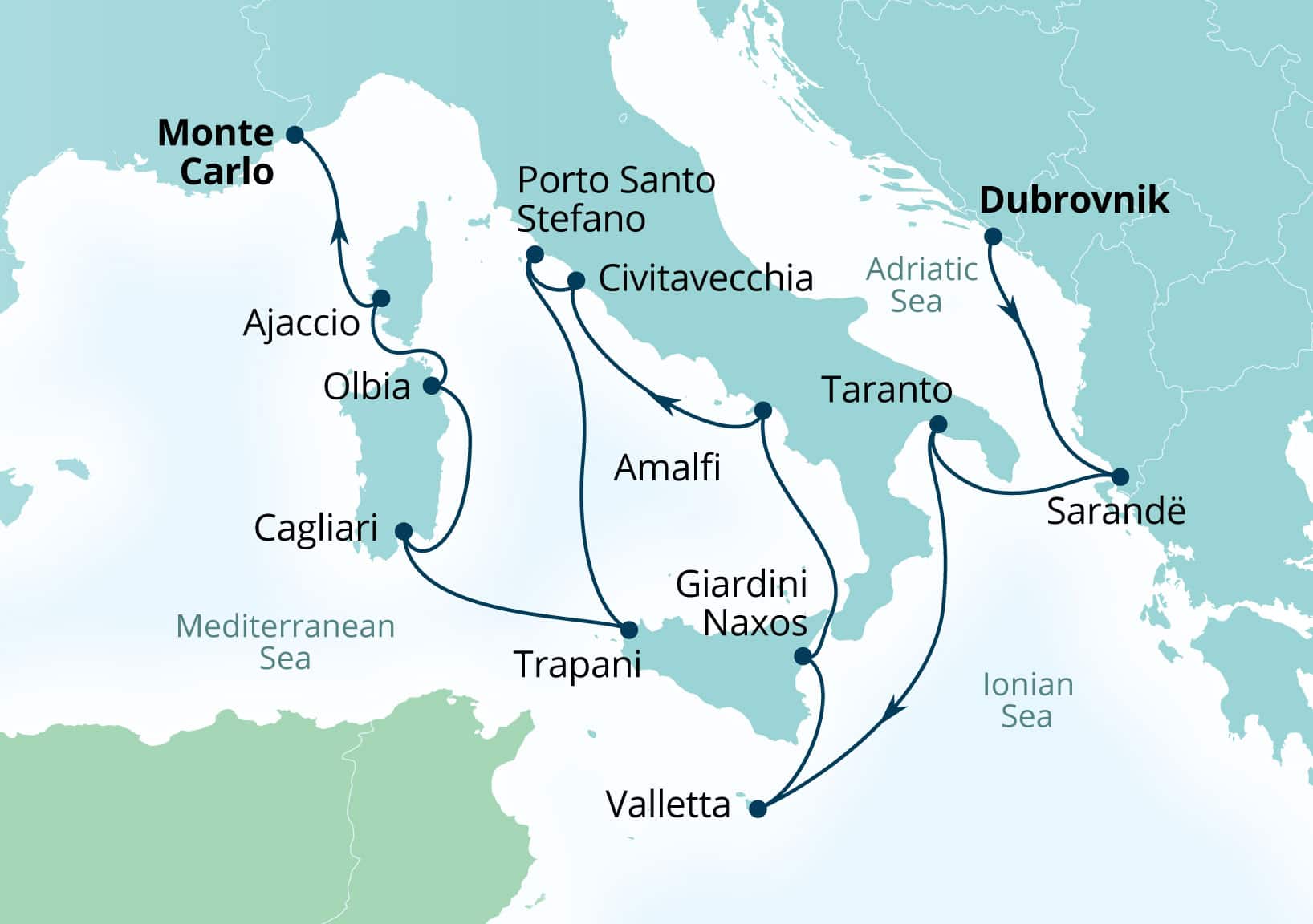 Seabourn Ovation Voyage 8956A Dubrovnik, Croatia to Monte Carlo, Monaco itinerary map, July 28-August 11 2029