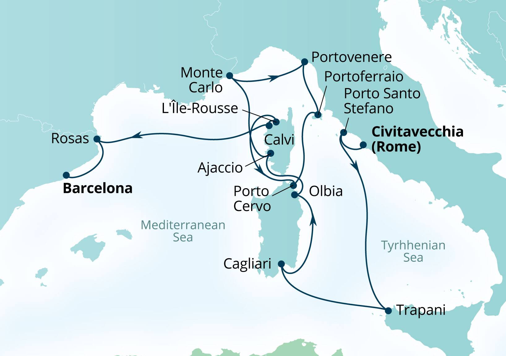Seabourn Ovation Voyage 8957A Civitavecchia (Rome), Italy to Barcelona, Spain itinerary map, August 4-18 2029