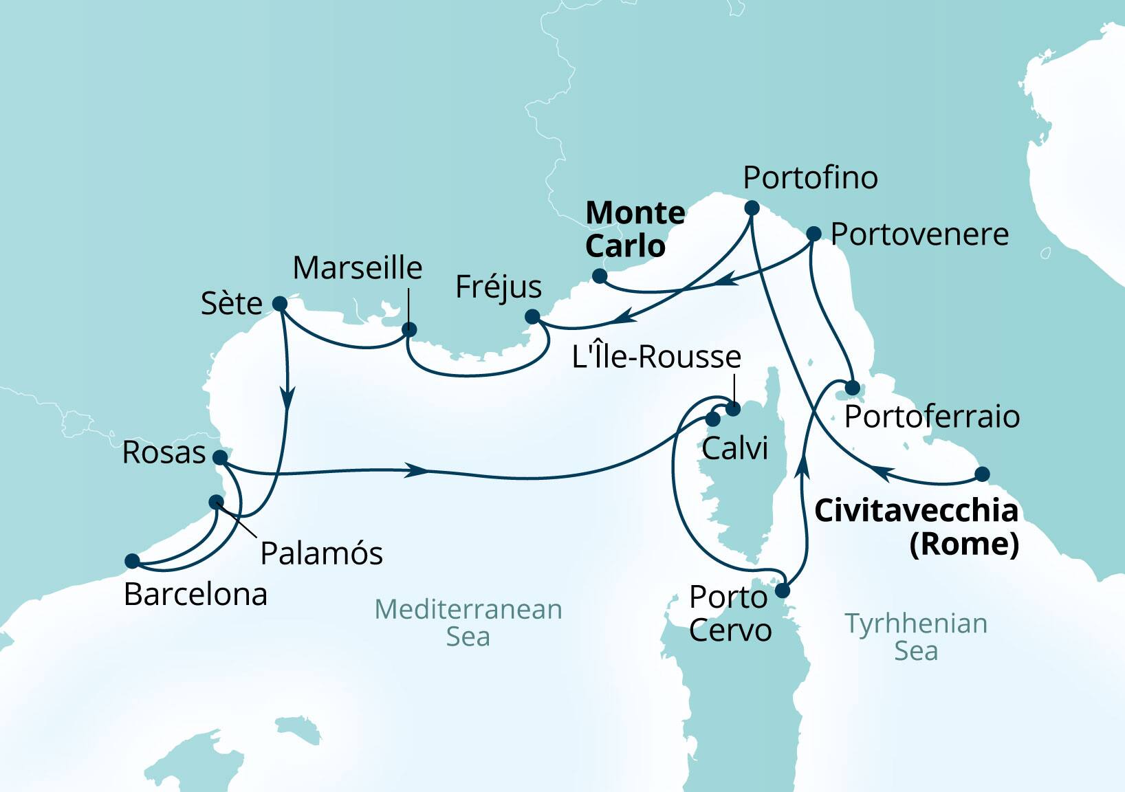 Seabourn Ovation Voyage 8960A Monte Carlo, Monaco to Civitavecchia (Rome), Italy itinerary map, August 11-25 2029