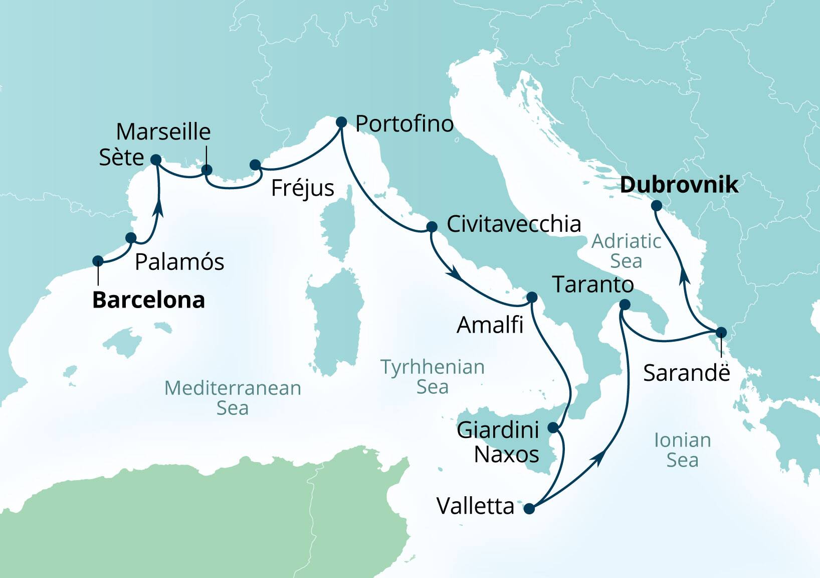 Seabourn Ovation Voyage 8961A Barcelona, Spain to Dubrovnik, Croatia itinerary map, August 18-September 1 2029