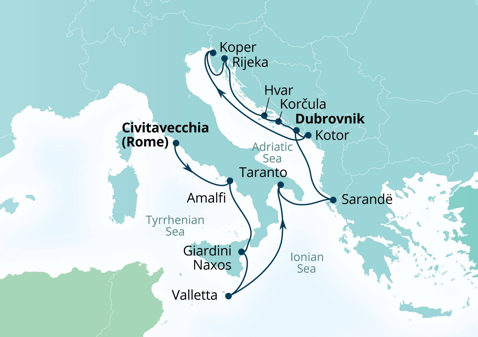 Seabourn Ovation Voyage 8962A Civitavecchia (Rome), Italy to Dubrovnik, Croatia itinerary map, August 25-September 8 2029