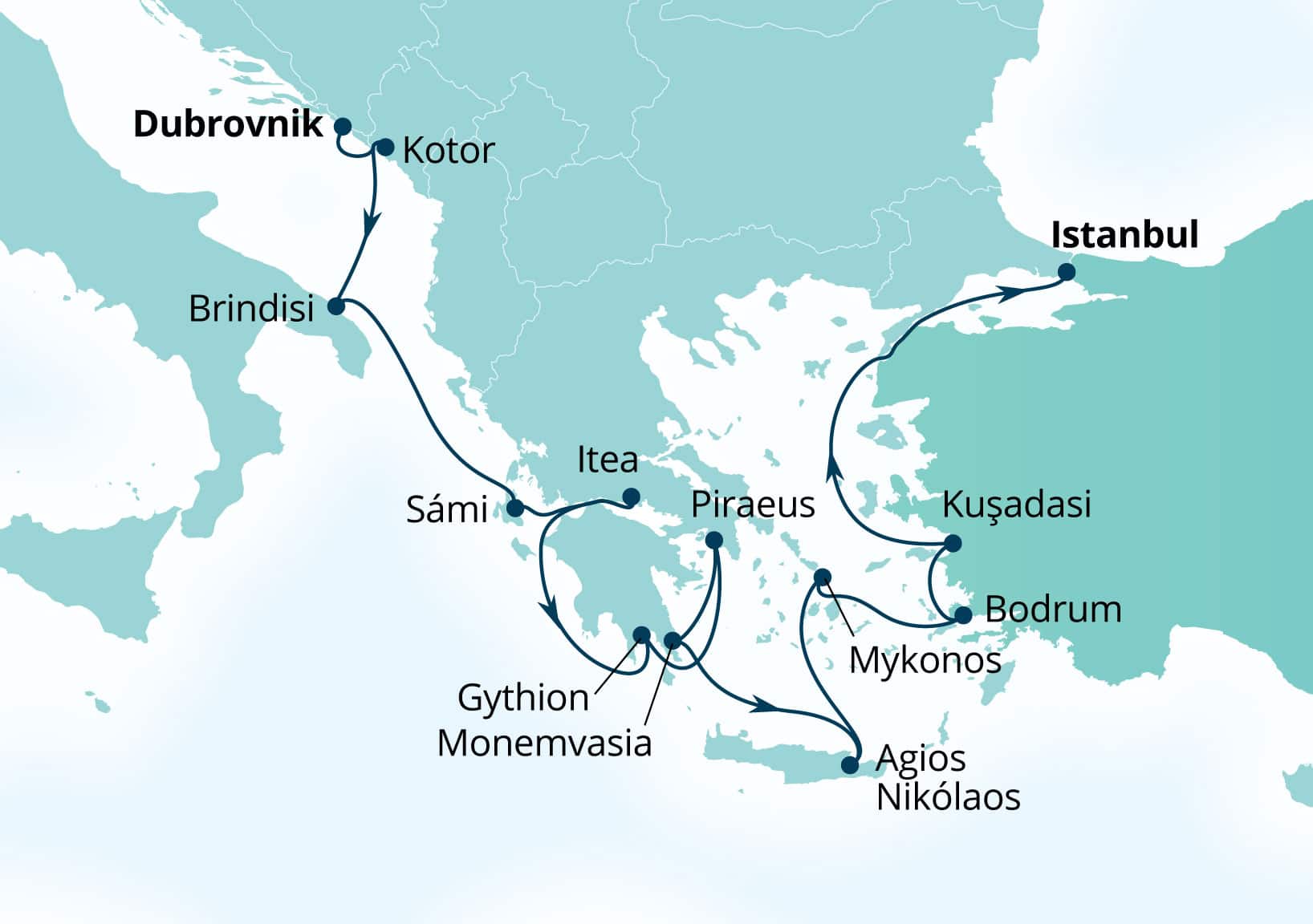 Seabourn Ovation Voyage 8966A Dubrovnik, Croatia to Istanbul, Turkey itinerary map, September 8-22 2029
