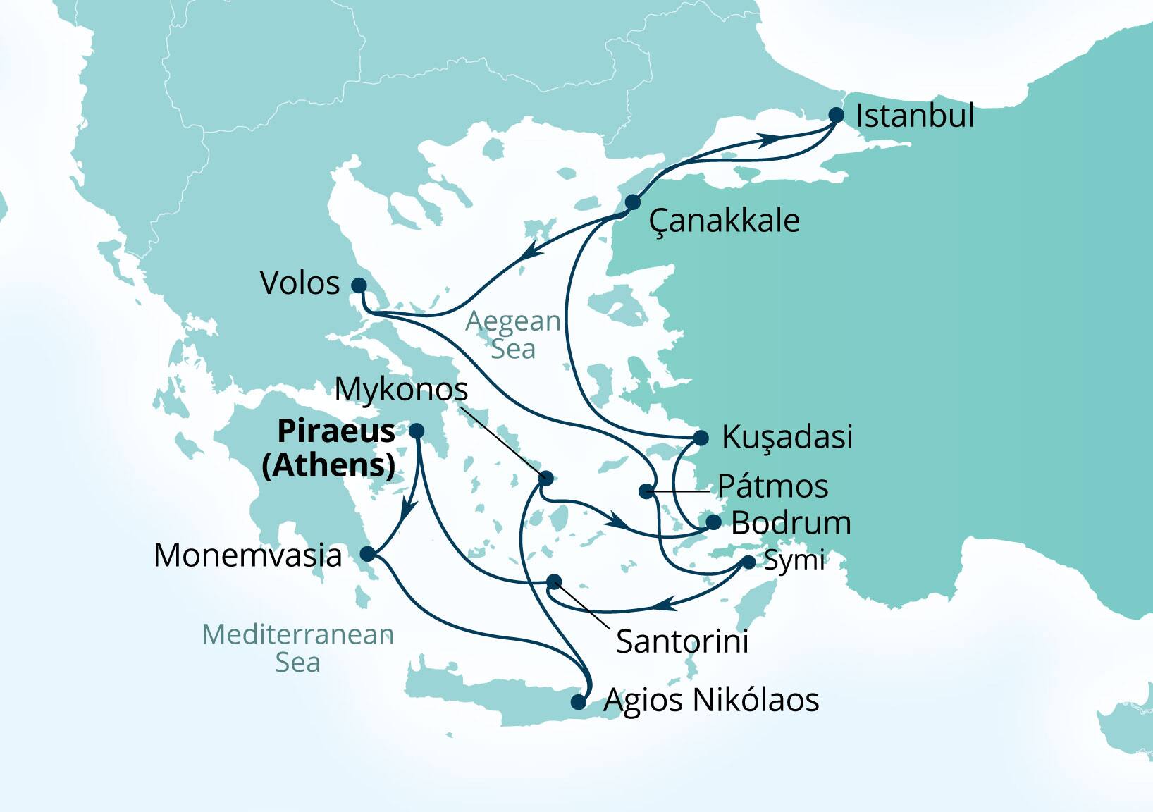 Seabourn Ovation Voyage 8967A Piraeus (Athens), Greece to Piraeus (Athens), Greece itinerary map, September 15-29 2029