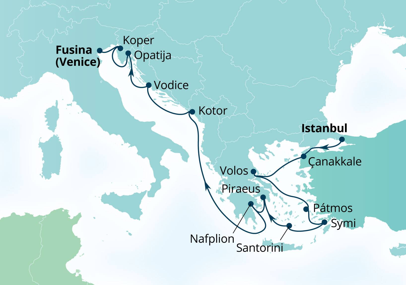 Seabourn Ovation Voyage 8970A Istanbul, Turkey to Fusina (Venice), Italy itinerary map, September 22-October 6 2029