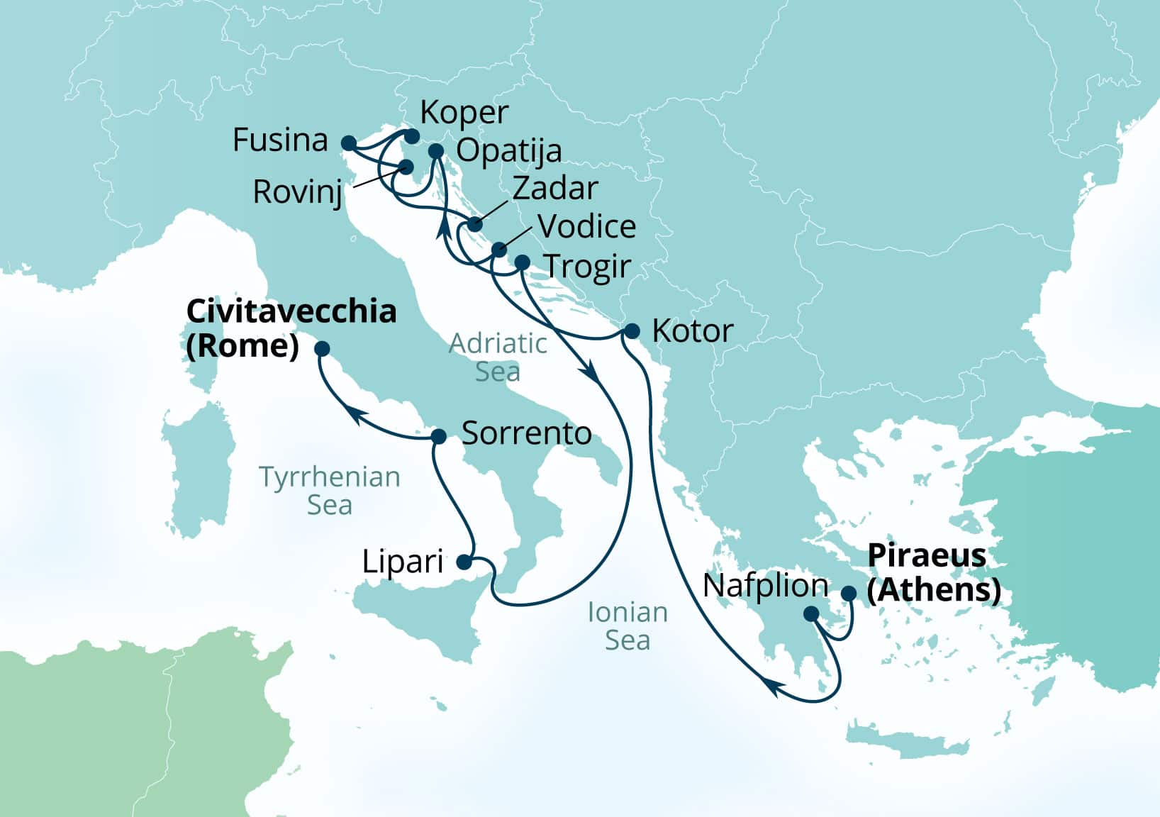 Seabourn Ovation Voyage 8971A Piraeus (Athens), Greece to Civitavecchia (Rome), Italy itinerary map, September 29-October 13 2029