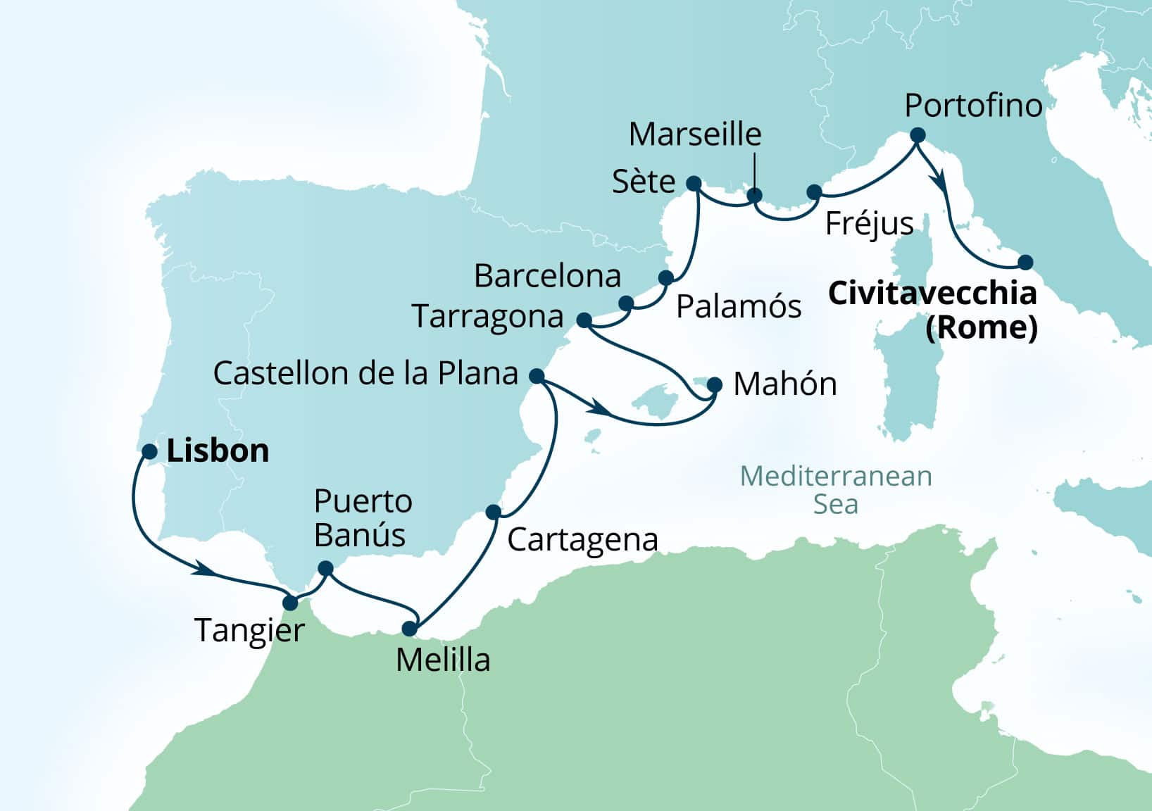 Seabourn Ovation Voyage 8930A Lisbon, Portugal to Civitavecchia (Rome), Italy itinerary map, April 5-21 2029