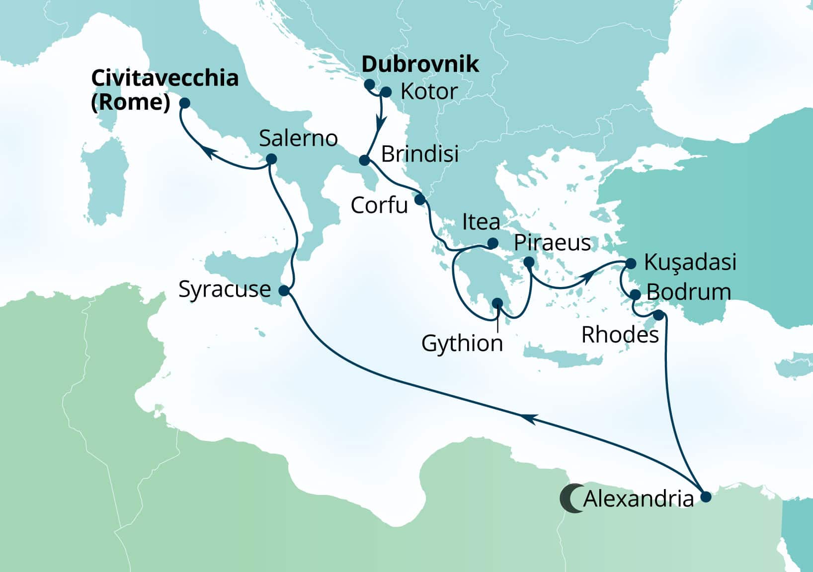 Seabourn Ovation Voyage 8976A Dubrovnik, Croatia to Civitavecchia (Rome), Italy itinerary map, October 20-November 7 2029