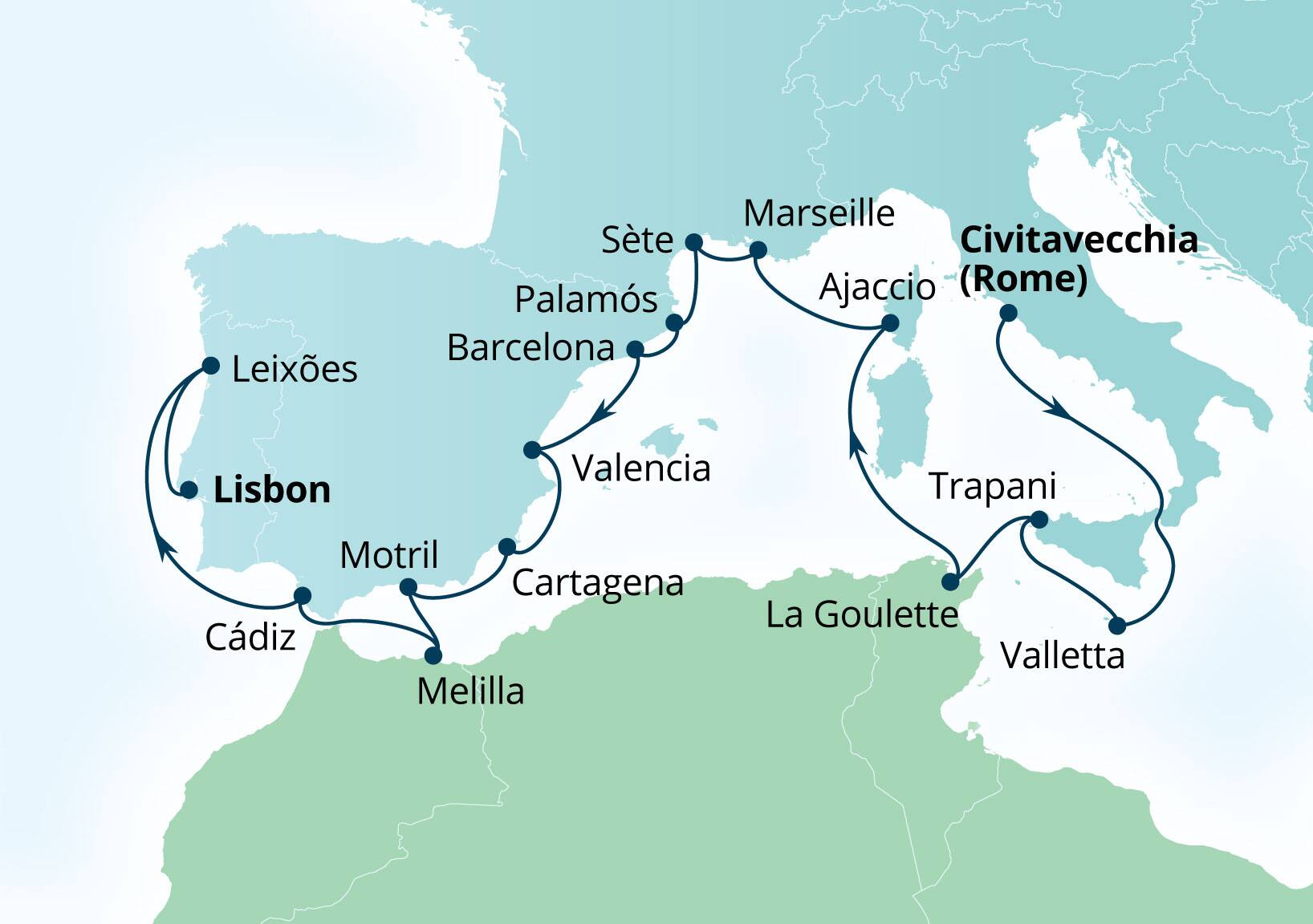 Seabourn Ovation Voyage 8980A Civitavecchia (Rome), Italy to Lisbon, Portugal itinerary map, November 7-26 2029