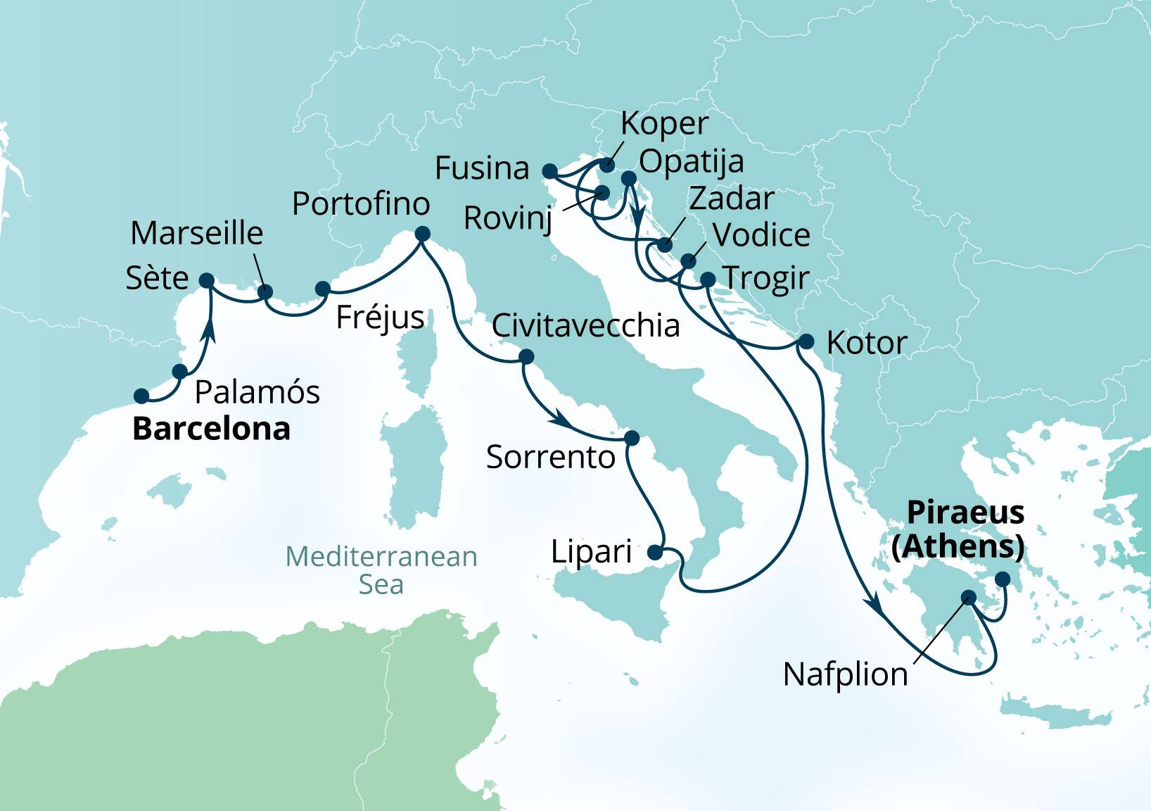 Seabourn Ovation Voyage 8931B Barcelona, Spain to Piraeus (Athens), Greece itinerary map, April 14-May 5 2029