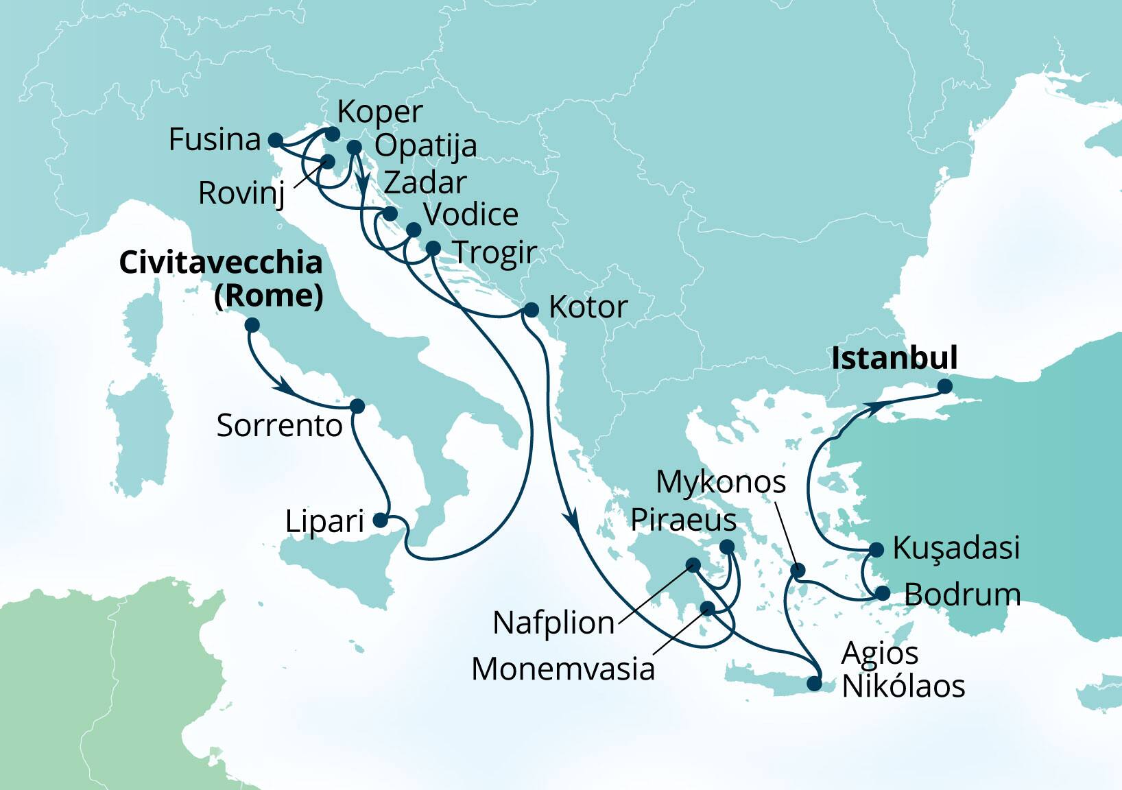 Seabourn Ovation Voyage 8932B Civitavecchia (Rome), Italy to Istanbul, Turkey itinerary map, April 21-May 12 2029