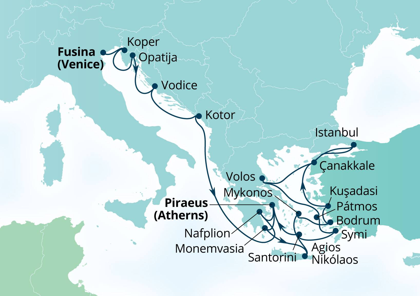 Seabourn Ovation Voyage 8935B Fusina (Venice), Italy to Piraeus (Athens), Greece itinerary map, April 28-May 19 2029