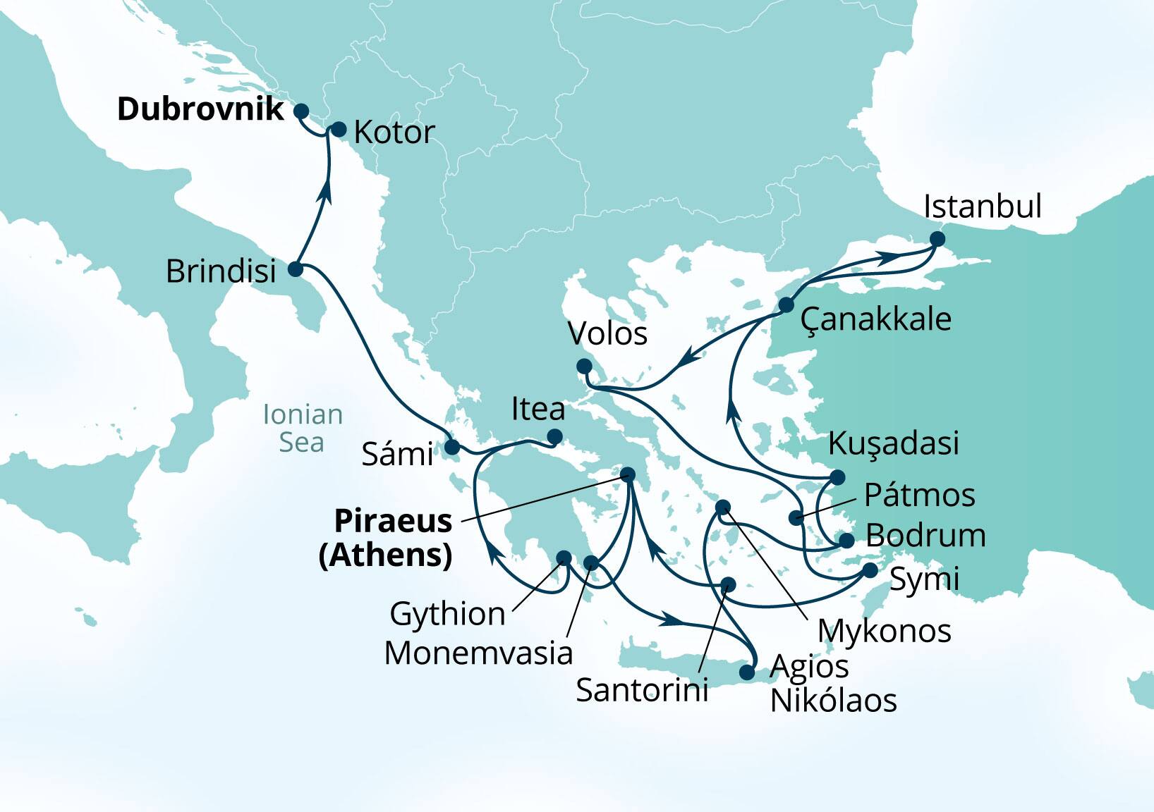 Seabourn Ovation Voyage 8936B Piraeus (Athens), Greece to Dubrovnik, Croatia itinerary map, May 5-26 2029