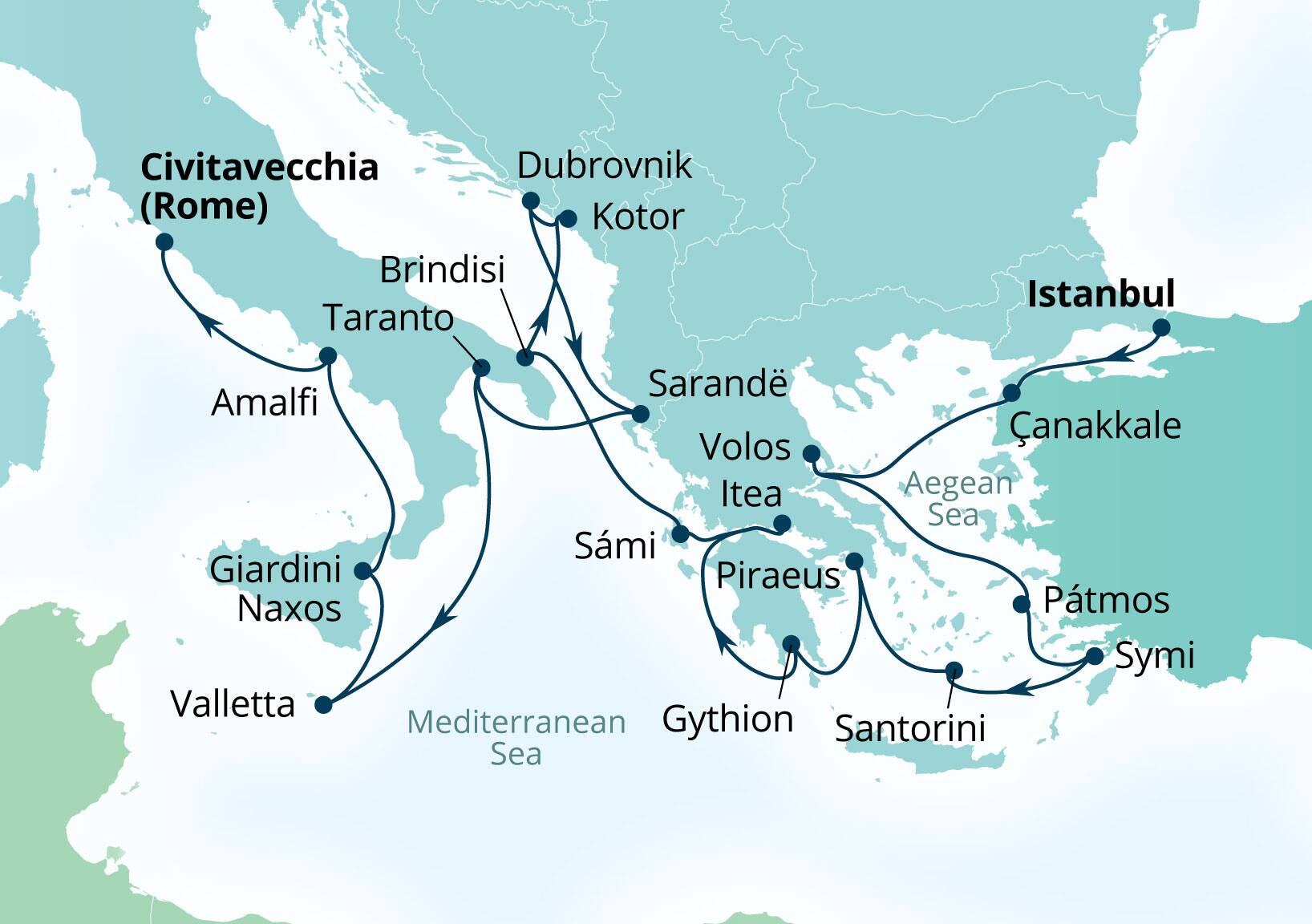 Seabourn Ovation Voyage 8937B Istanbul, Turkey to Civitavecchia (Rome), Italy itinerary map, May 12-June 2 2029