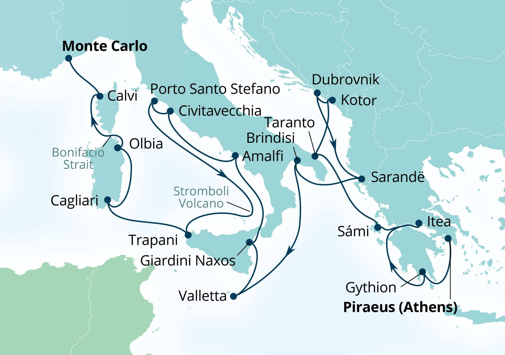 Seabourn Ovation Voyage 8940B Piraeus (Athens), Greece to Monte Carlo, Monaco itinerary map, May 19-June 9 2029