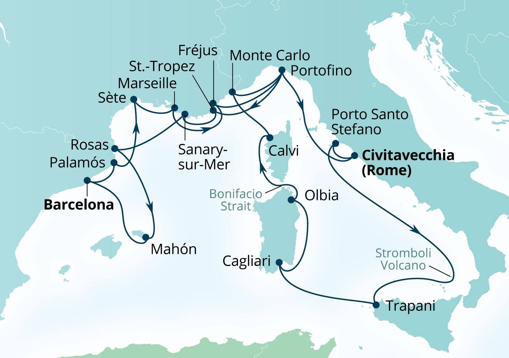 Seabourn Ovation Voyage 8942B Civitavecchia (Rome), Italy to Civitavecchia (Rome), Italy itinerary map, June 2-23 2029