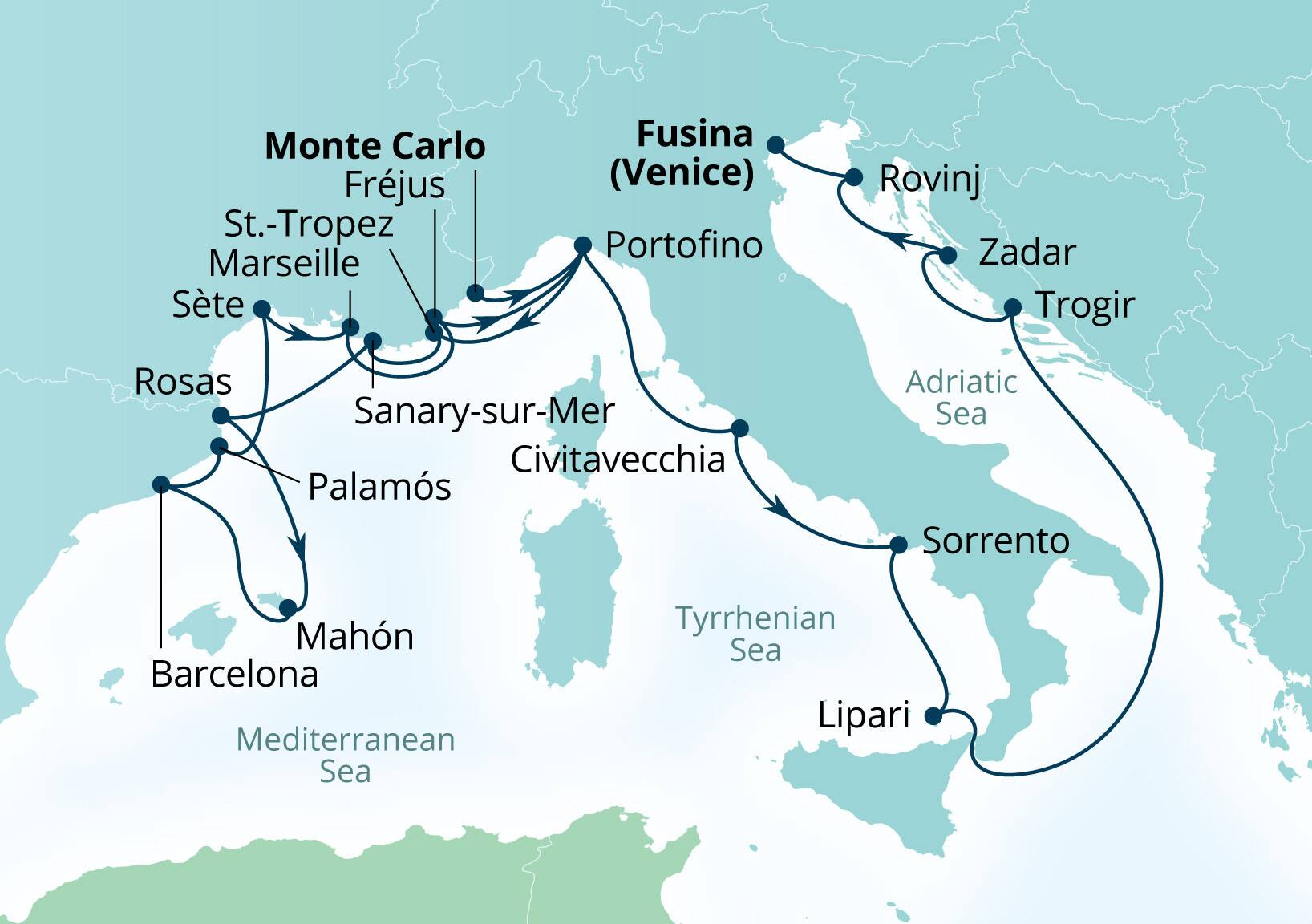Seabourn Ovation Voyage 8945B Monte Carlo, Monaco to Fusina (Venice), Italy itinerary map, June 9-30 2029