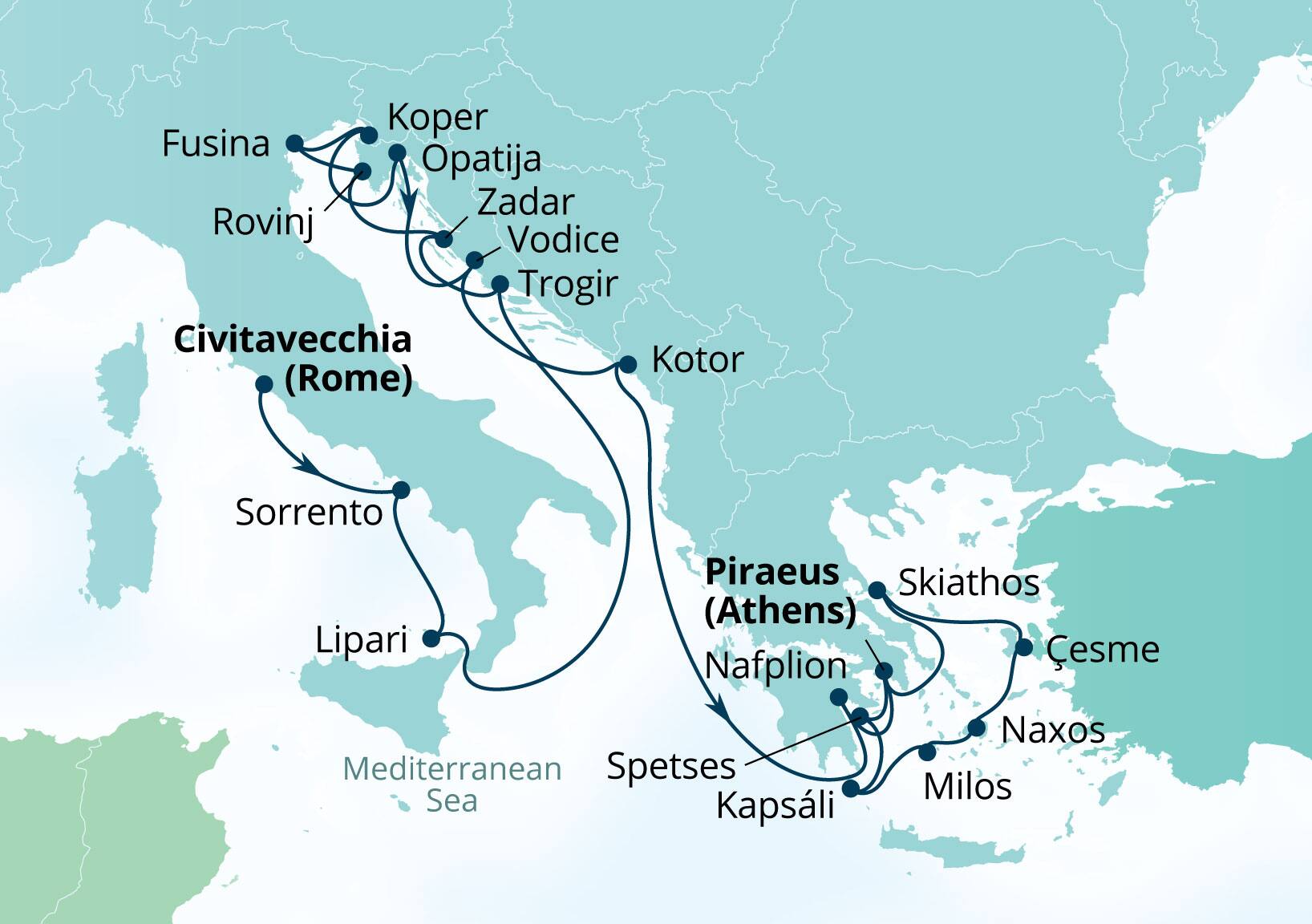 Seabourn Ovation Voyage 8947B Civitavecchia (Rome), Italy to Piraeus (Athens), Greece itinerary map, June 23-July 14 2029