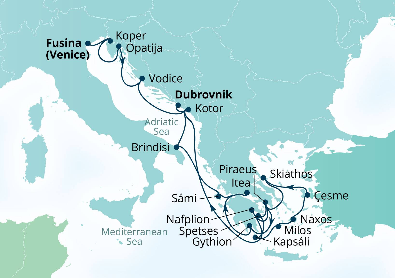 Seabourn Ovation Voyage 8950B Fusina (Venice), Italy to Dubrovnik, Croatia itinerary map, June 30-July 21 2029