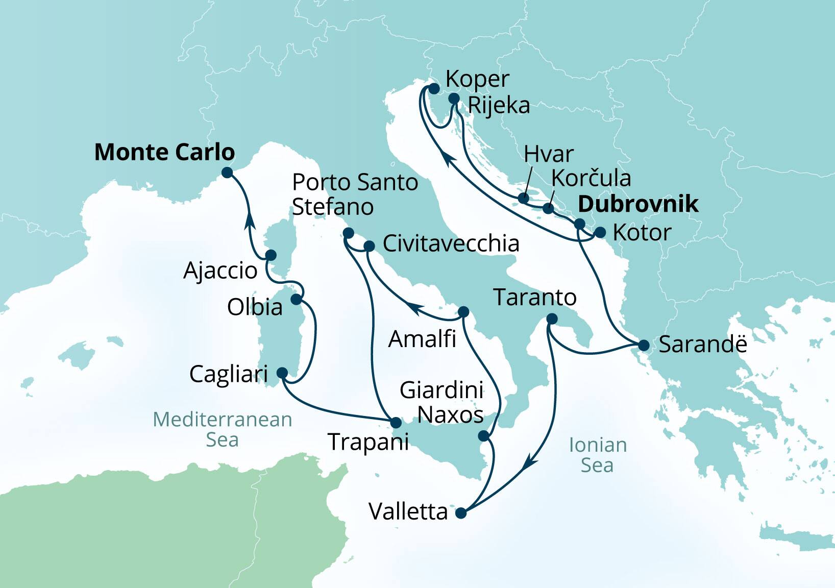 Seabourn Ovation Voyage 8955B Dubrovnik, Croatia to Monte Carlo, Monaco itinerary map, July 21-August 11 2029