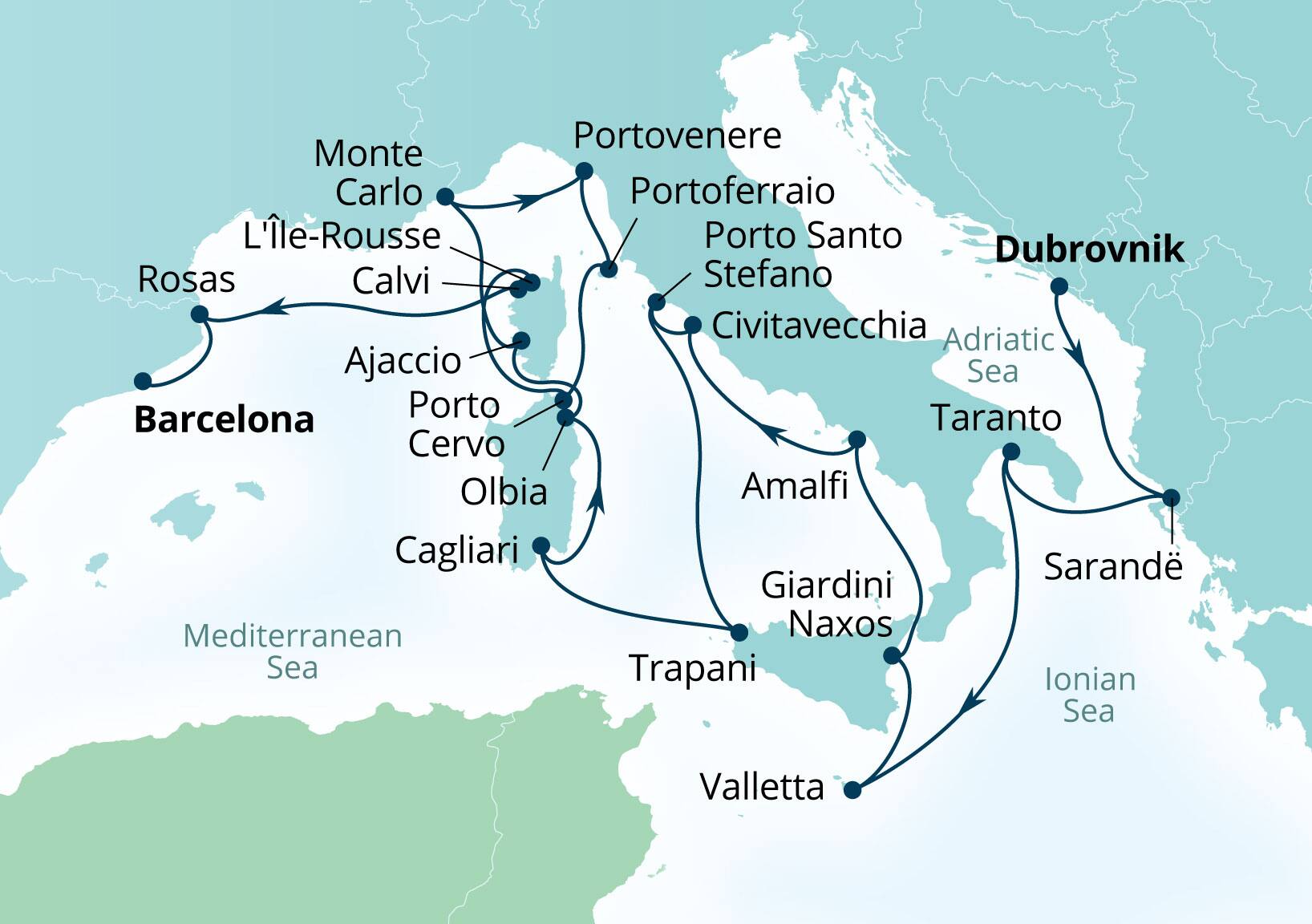 Seabourn Ovation Voyage 8956B Dubrovnik, Croatia to Barcelona, Spain itinerary map, July 28-August 18 2029