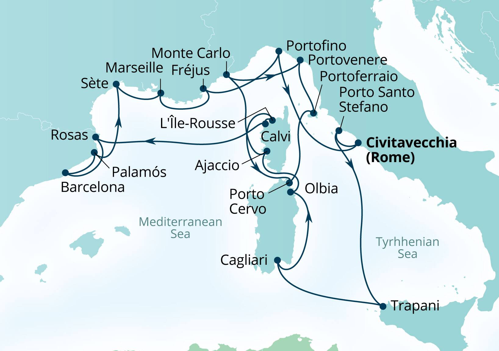 Seabourn Ovation Voyage 8957B Civitavecchia (Rome), Italy to Civitavecchia (Rome), Italy itinerary map, August 4-25 2029