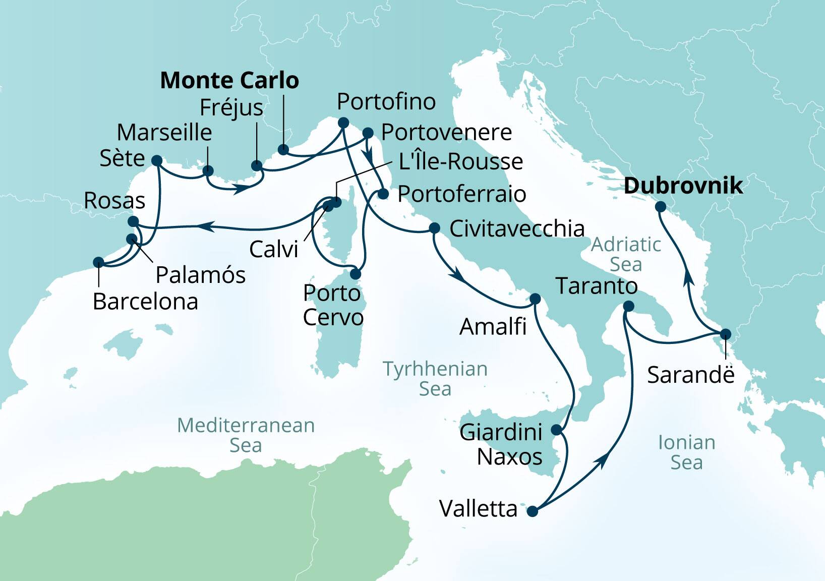 Seabourn Ovation Voyage 8960B Monte Carlo, Monaco to Dubrovnik, Croatia itinerary map, August 11-September 1 2029