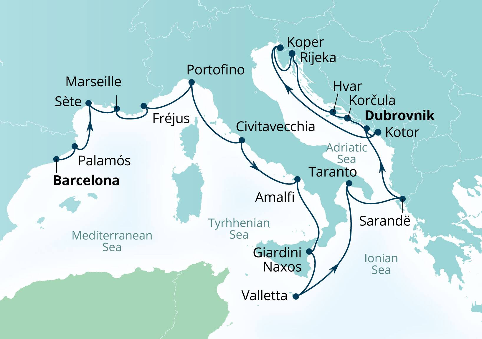 Seabourn Ovation Voyage 8961B Barcelona, Spain to Dubrovnik, Croatia itinerary map, August 18-September 8 2029