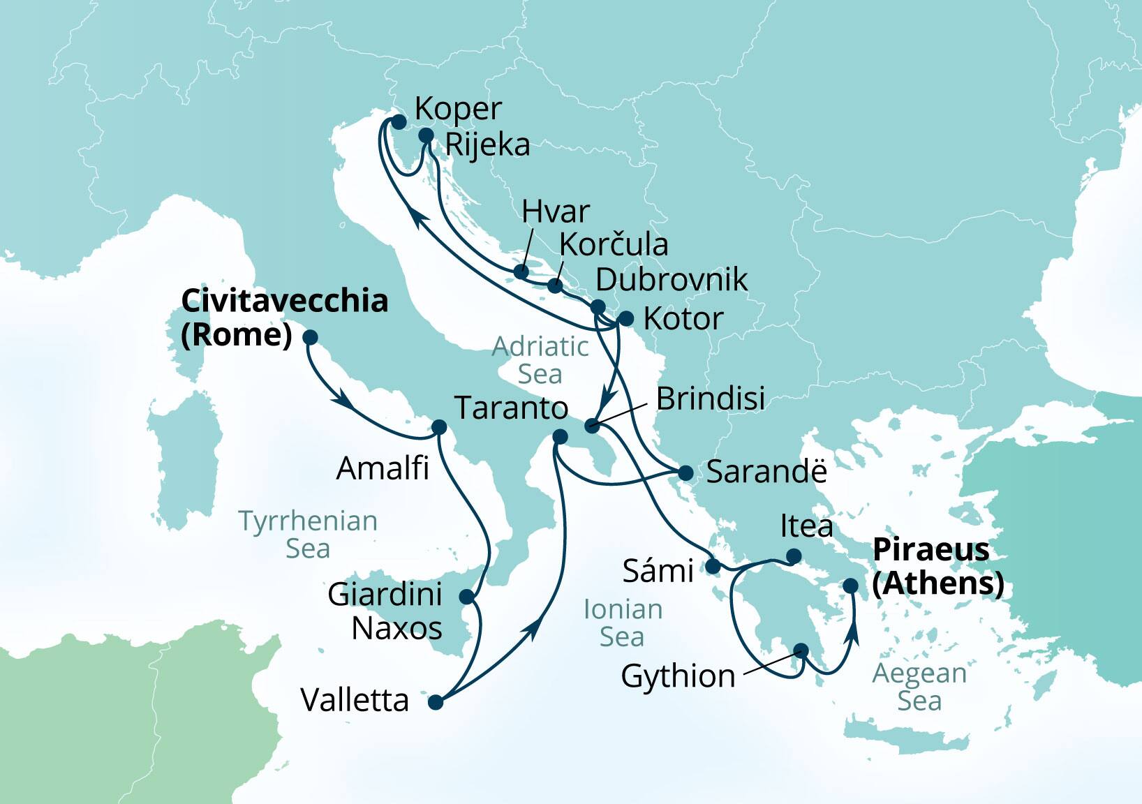 Seabourn Ovation Voyage 8962B Civitavecchia (Rome), Italy to Piraeus (Athens), Greece itinerary map, August 25-September 15 2029