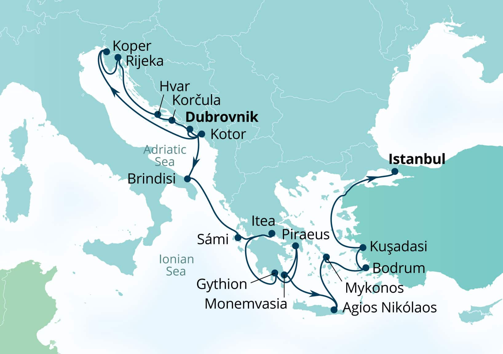 Seabourn Ovation Voyage 8965B Dubrovnik, Croatia to Istanbul, Turkey itinerary map, September 1-22 2029