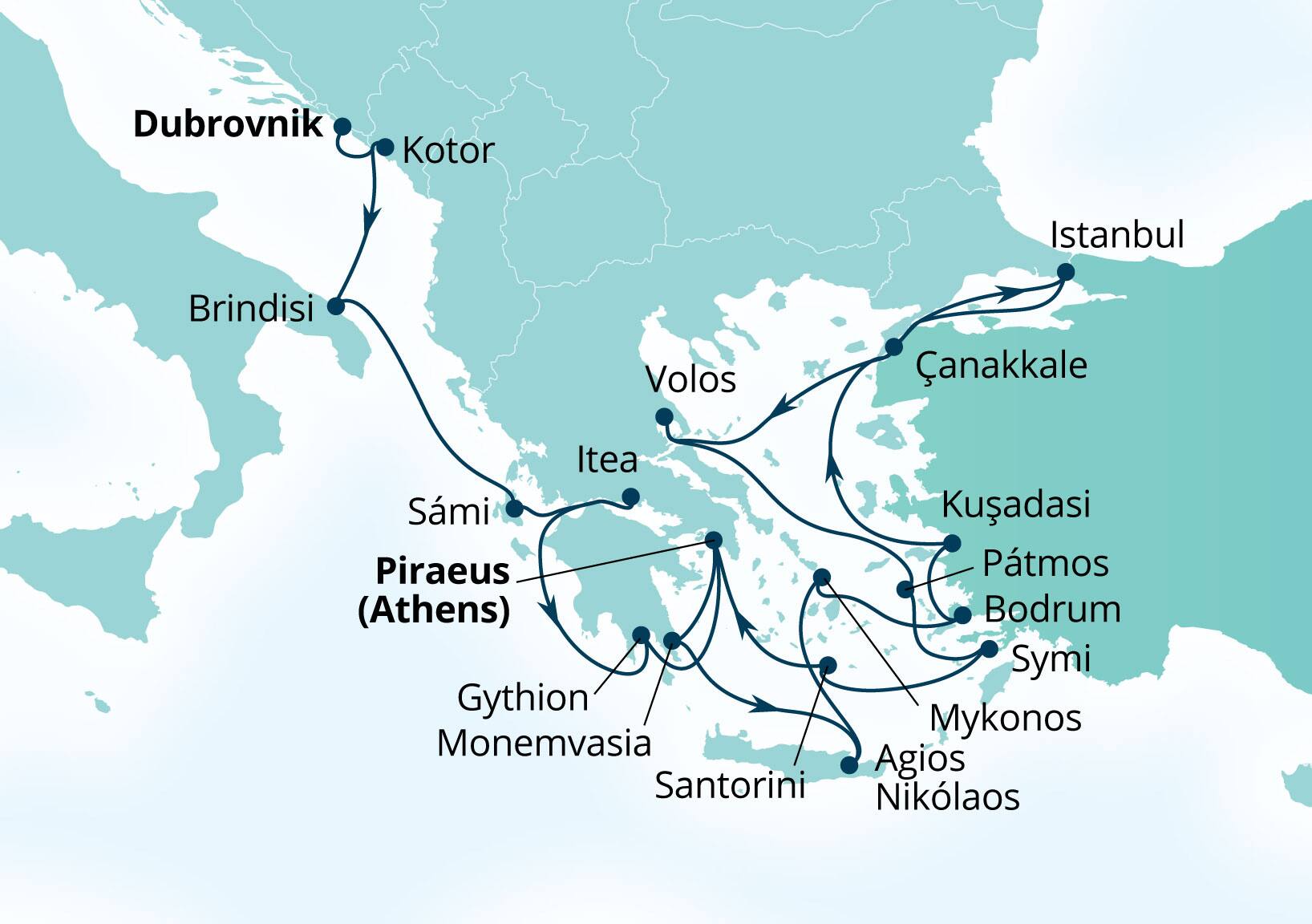 Seabourn Ovation Voyage 8966B Dubrovnik, Croatia to Piraeus (Athens), Greece itinerary map, September 8-29 2029