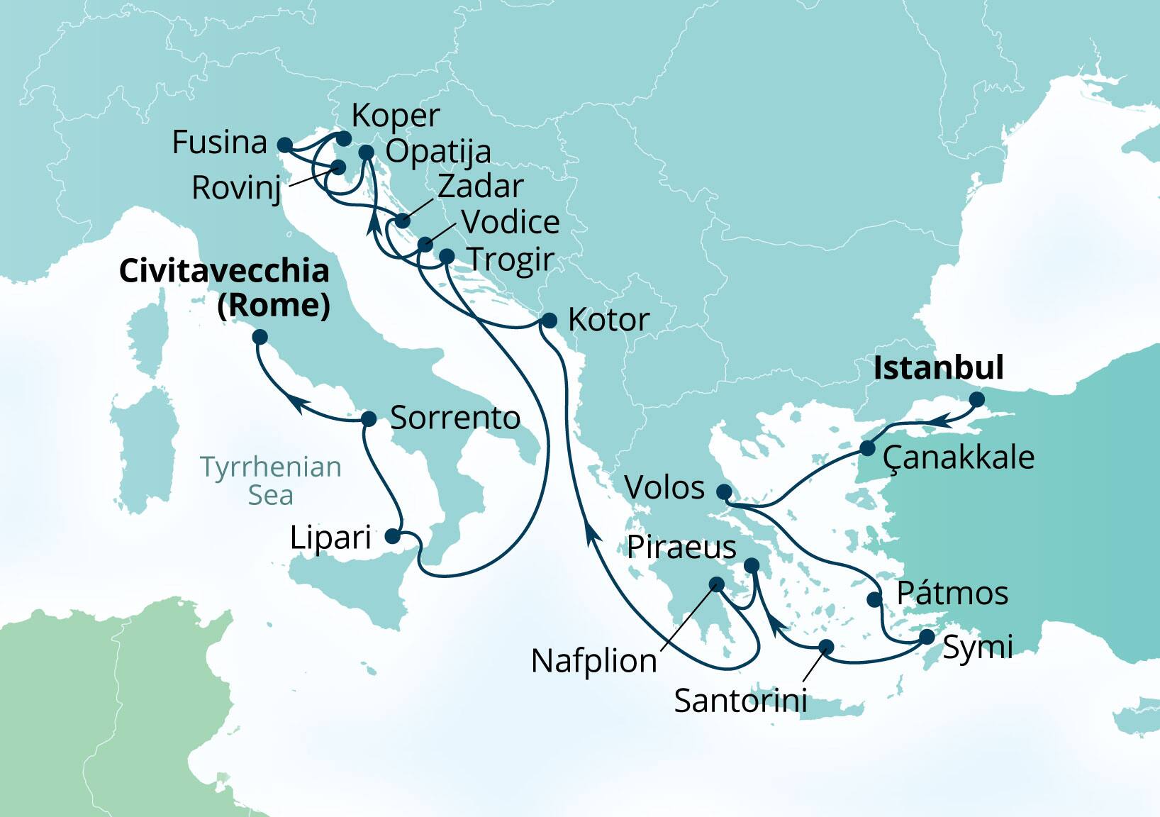 Seabourn Ovation Voyage 8970B Istanbul, Turkey to Civitavecchia (Rome), Italy itinerary map, September 22-October 13 2029