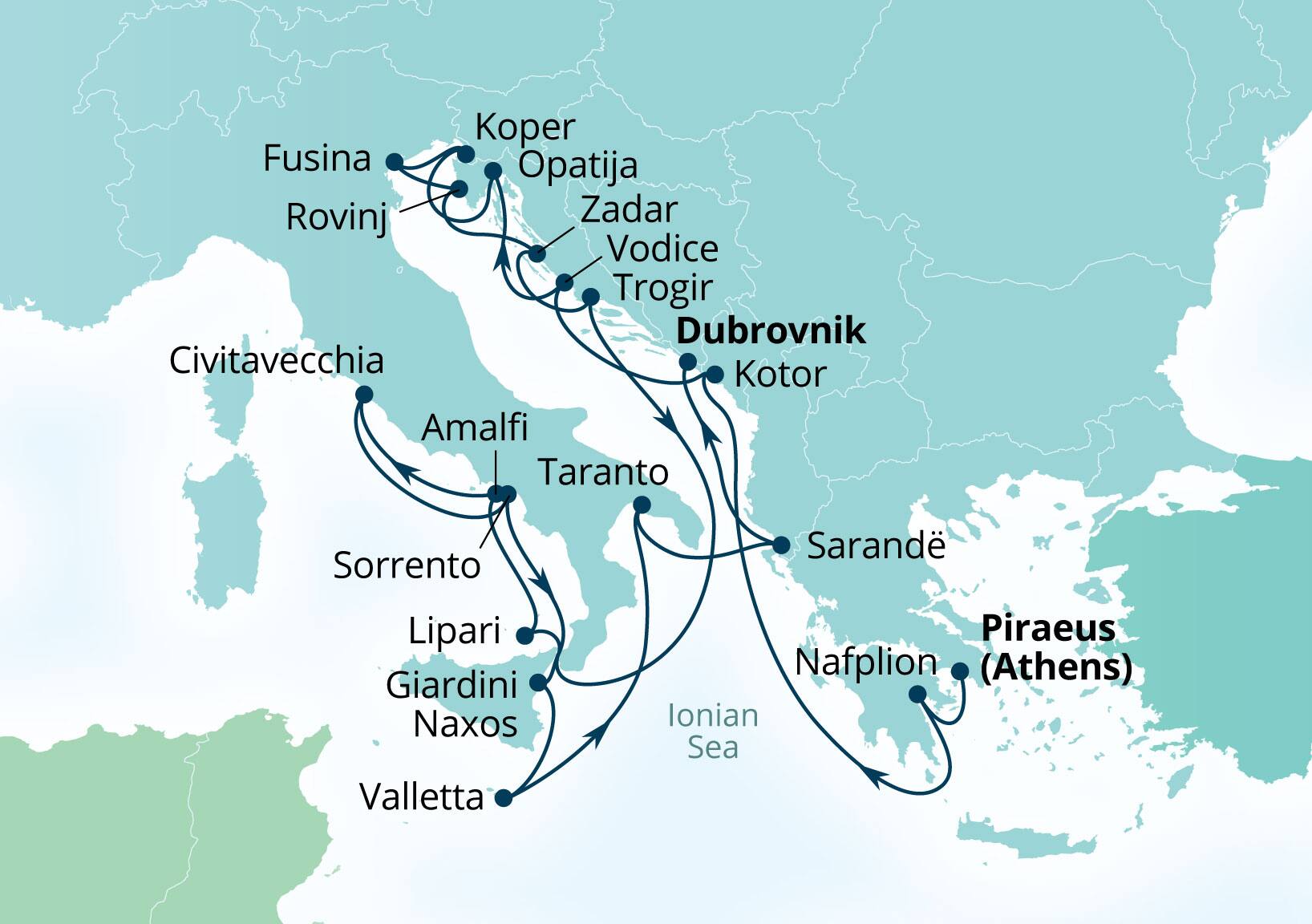 Seabourn Ovation Voyage 8971B Piraeus (Athens), Greece to Dubrovnik, Croatia itinerary map, September 29-October 20 2029