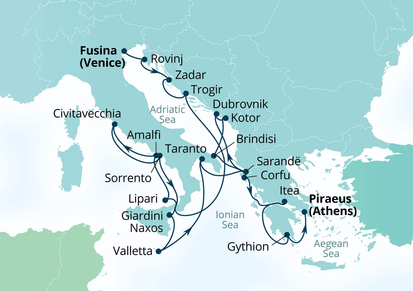 Seabourn Ovation Voyage 8972B Fusina (Venice), Italy to Piraeus (Athens), Greece itinerary map, October 6-27 2029