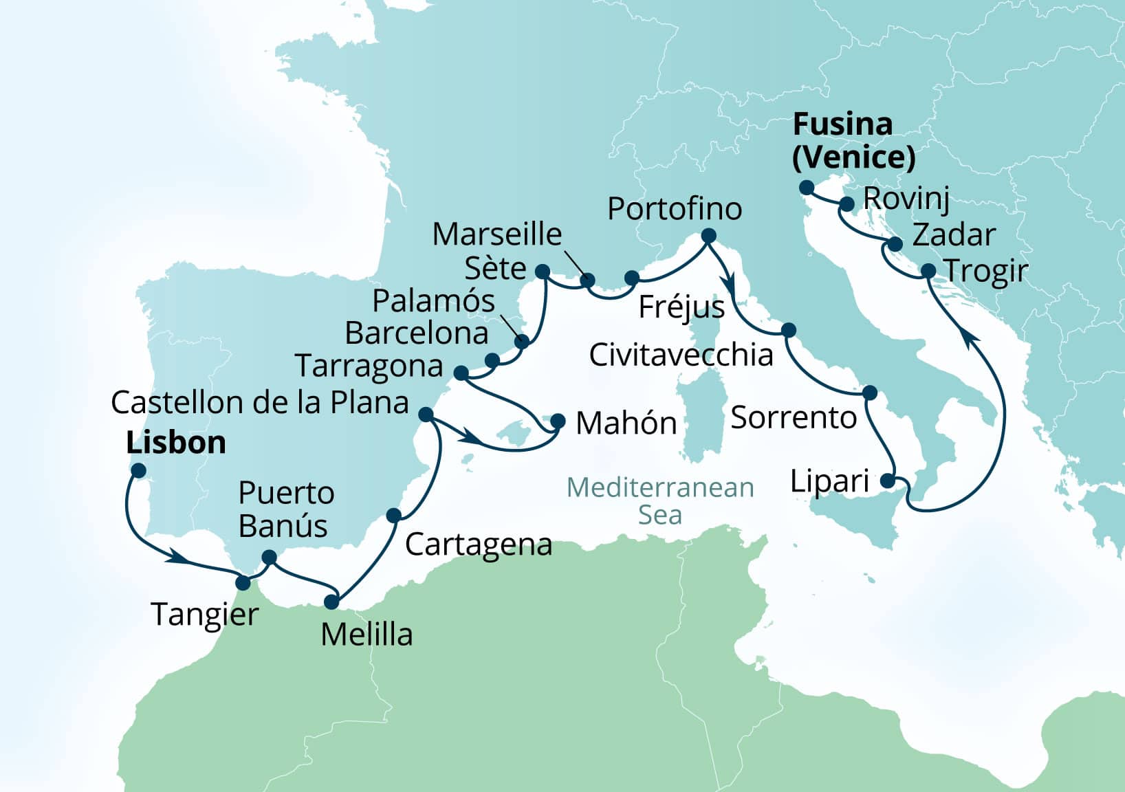 Seabourn Ovation Voyage 8930B Lisbon, Portugal to Fusina (Venice), Italy itinerary map, April 5-28 2029