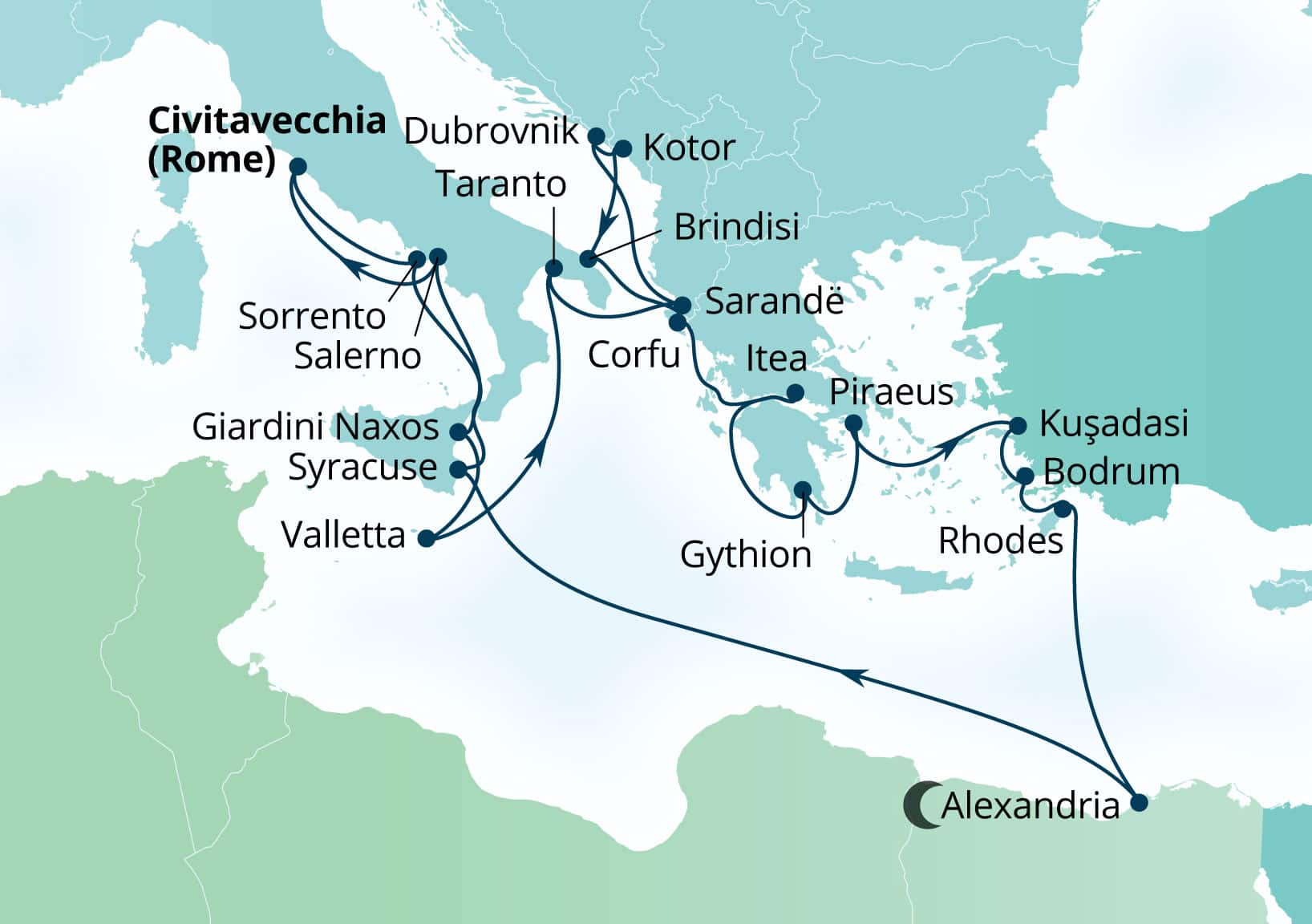 Seabourn Ovation Voyage 8975B Civitavecchia (Rome), Italy to Civitavecchia (Rome), Italy itinerary map, October 13-November 7 2029