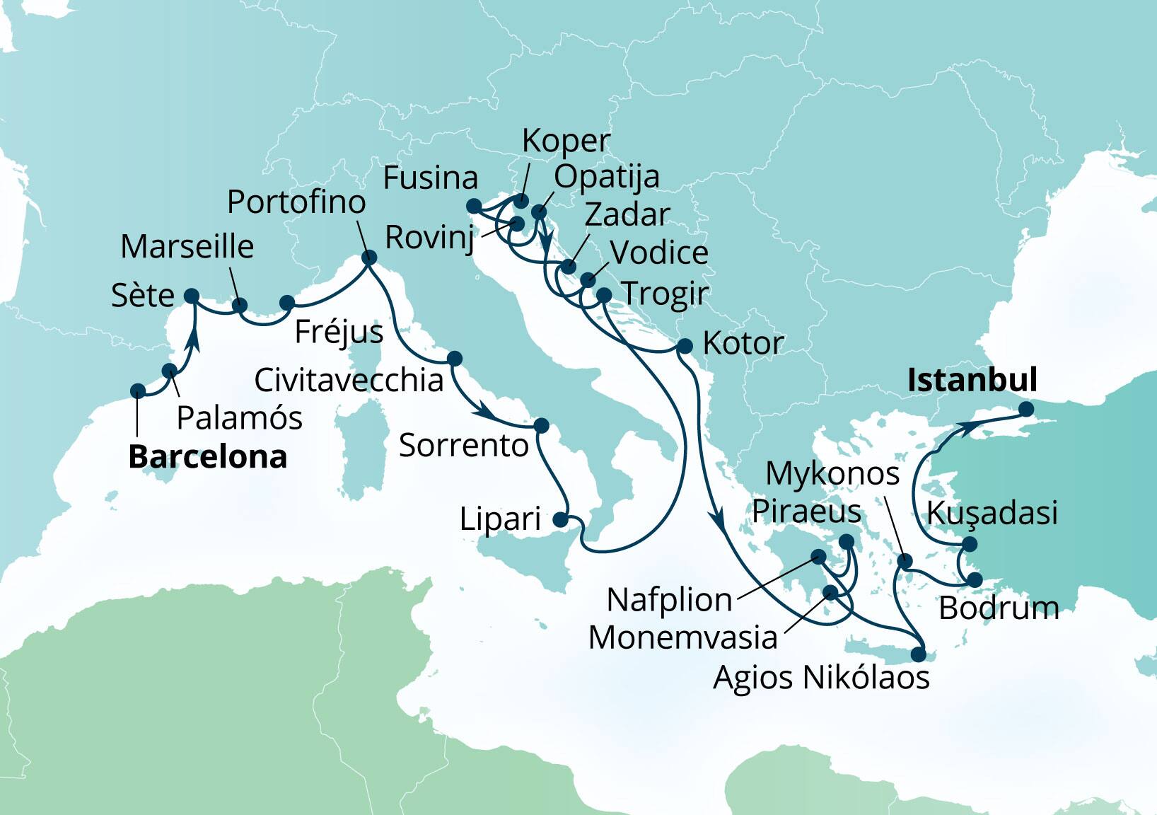 Seabourn Ovation Voyage 8931C Barcelona, Spain to Istanbul, Turkey itinerary map, April 14-May 12 2029