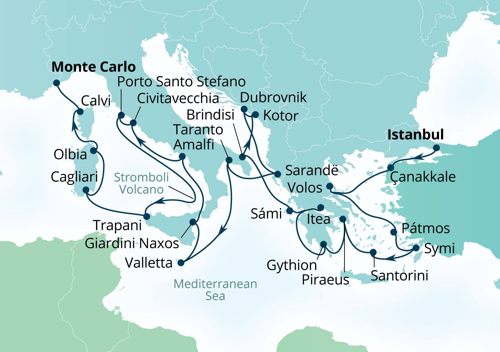Seabourn Ovation Voyage 8937C Istanbul, Turkey to Monte Carlo, Monaco itinerary map, May 12-June 9 2029