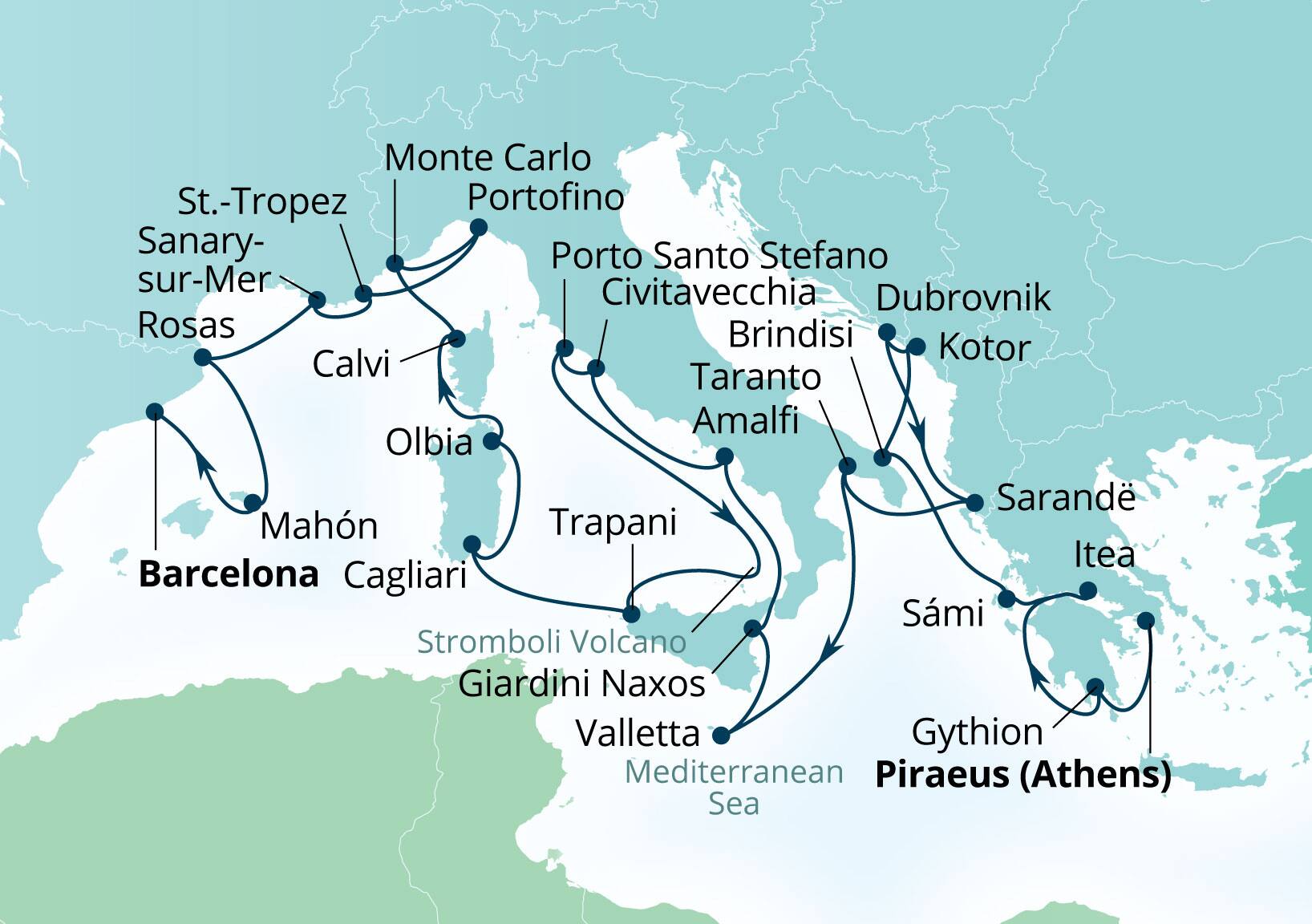 Seabourn Ovation Voyage 8940C Piraeus (Athens), Greece to Barcelona, Spain itinerary map, May 19-June 16 2029