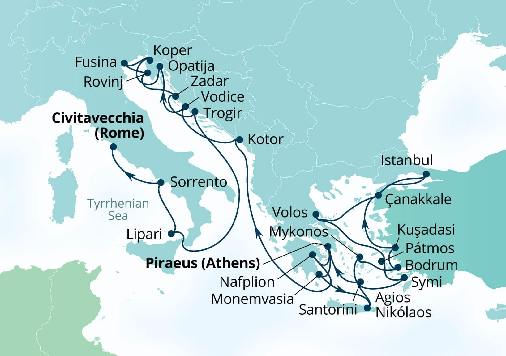 Seabourn Ovation Voyage 8967C Piraeus (Athens), Greece to Civitavecchia (Rome), Italy itinerary map, September 15-October 13 2029