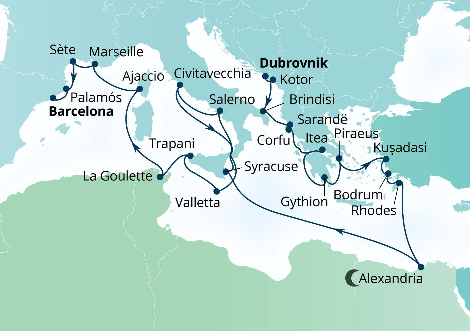 Seabourn Ovation Voyage 8976B Dubrovnik, Croatia to Barcelona, Spain itinerary map, October 20-November 17 2029