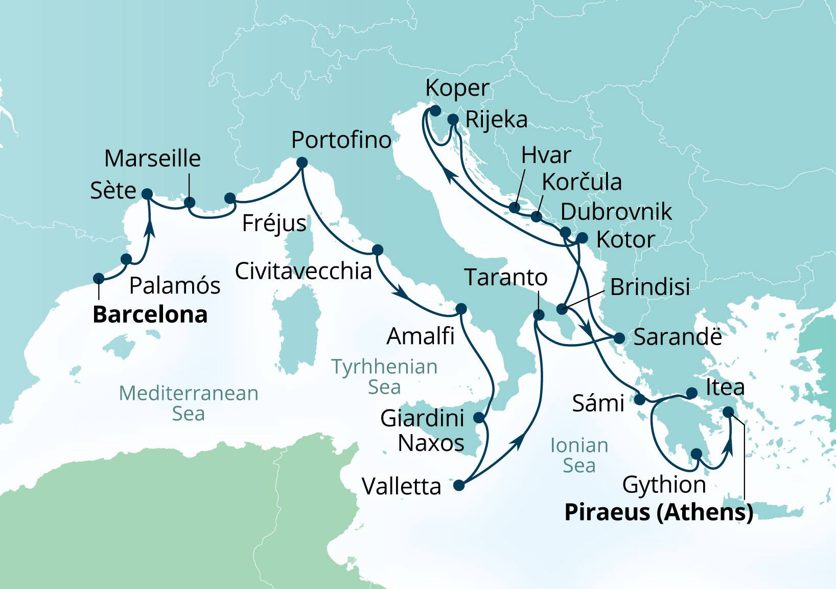Seabourn Ovation Voyage 8961C Barcelona, Spain to Piraeus (Athens), Greece itinerary map, August 18-September 15 2029